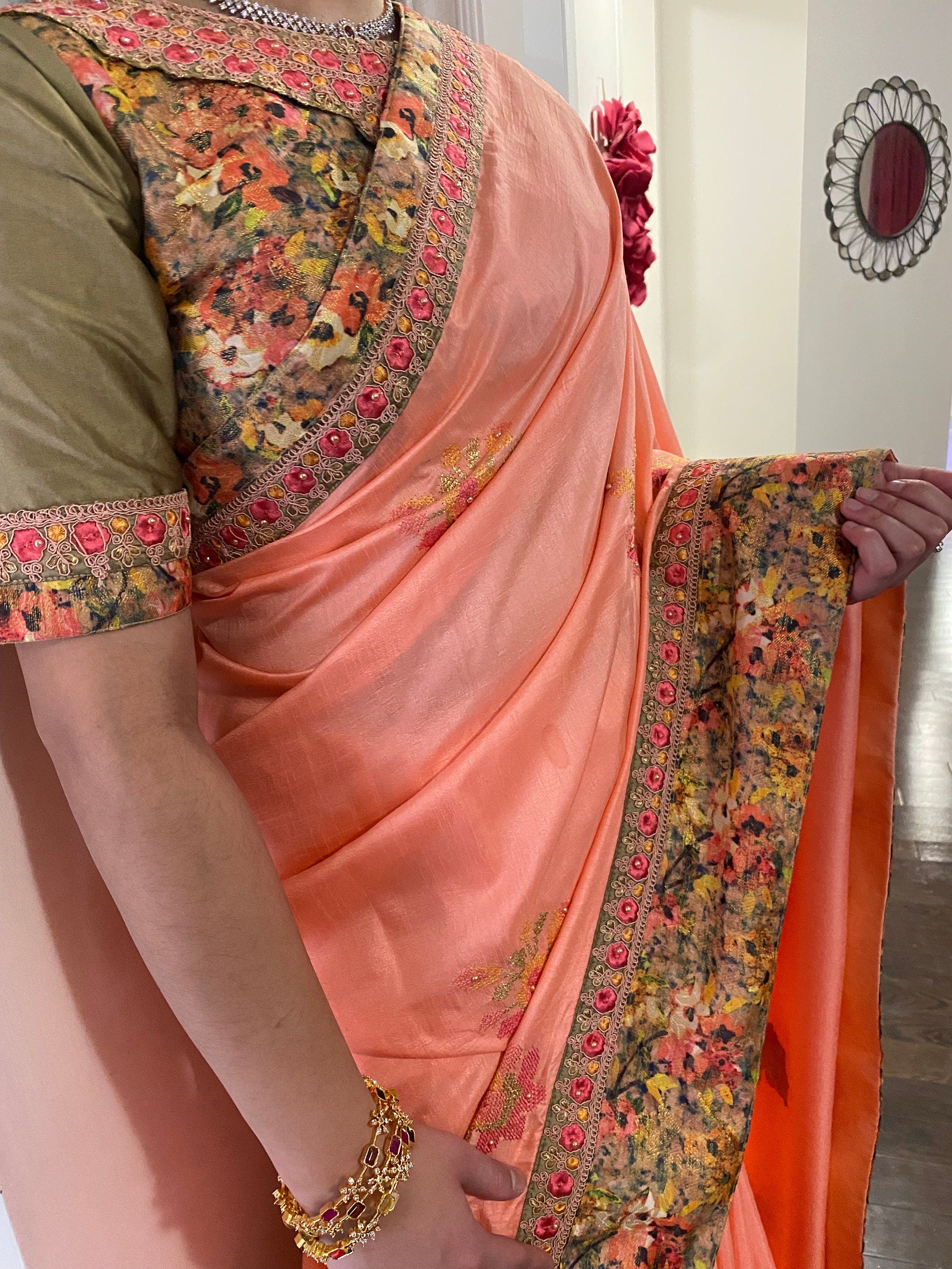Beautiful Pure Silk Georgette Saree with embroidered blouse and embroidered boarder with ready to wear blouse