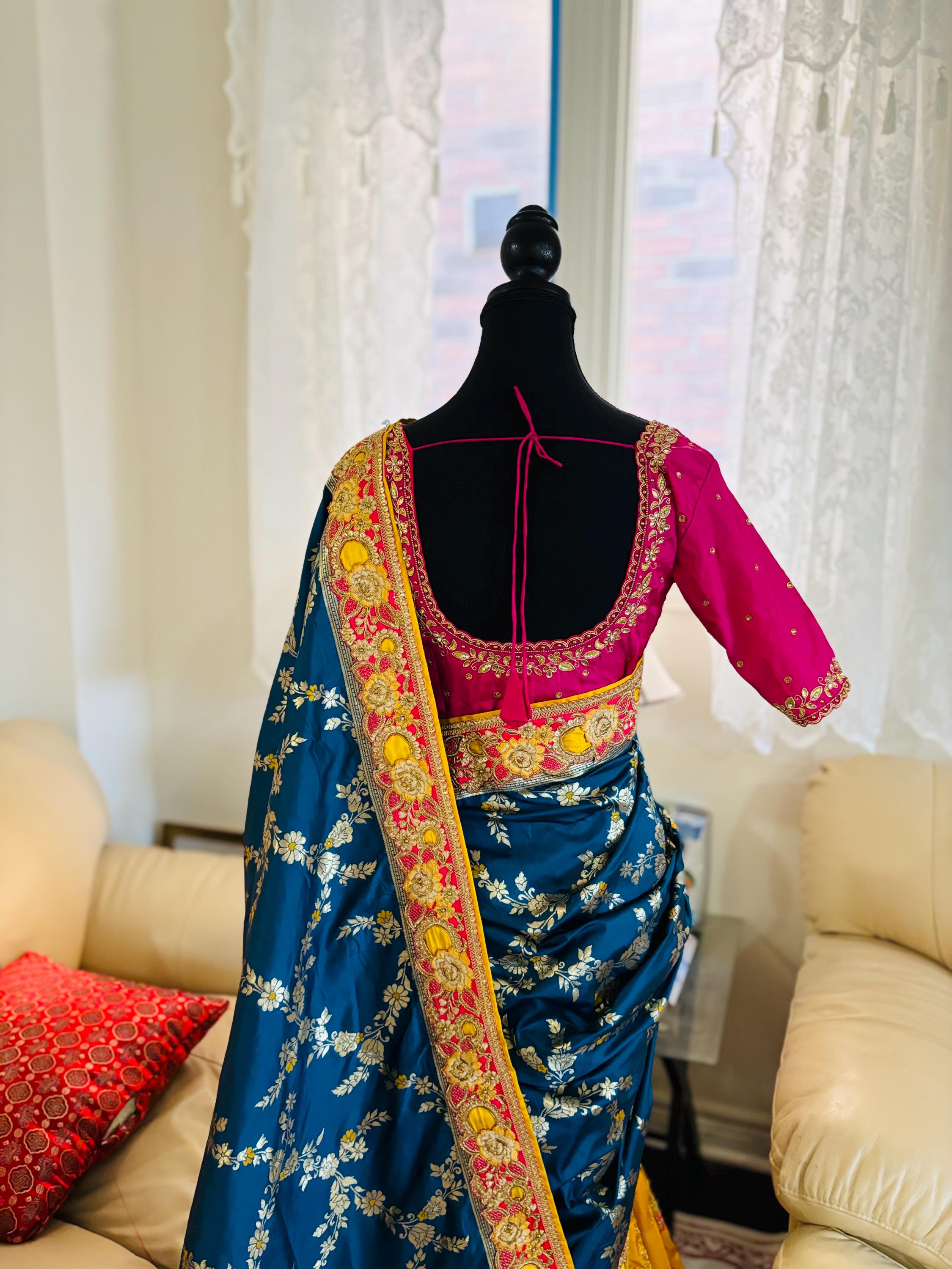 Beautiful party wear cocktail pure silk   Banarasi and Raw mango half and half designer saree paird with pretty maggam blouse 32-40 size