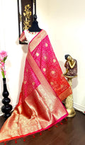 Beautiful cocktail dual shade banarasi  bandhini silk saree paired up pretty maggam blouse fits  sizes 32 -46 ready to wear prettiest blouse