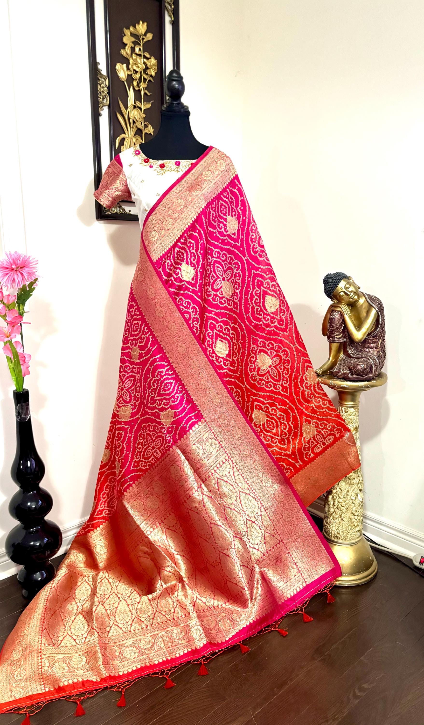Beautiful cocktail dual shade banarasi  bandhini silk saree paired up pretty maggam blouse fits  sizes 32 -46 ready to wear prettiest blouse