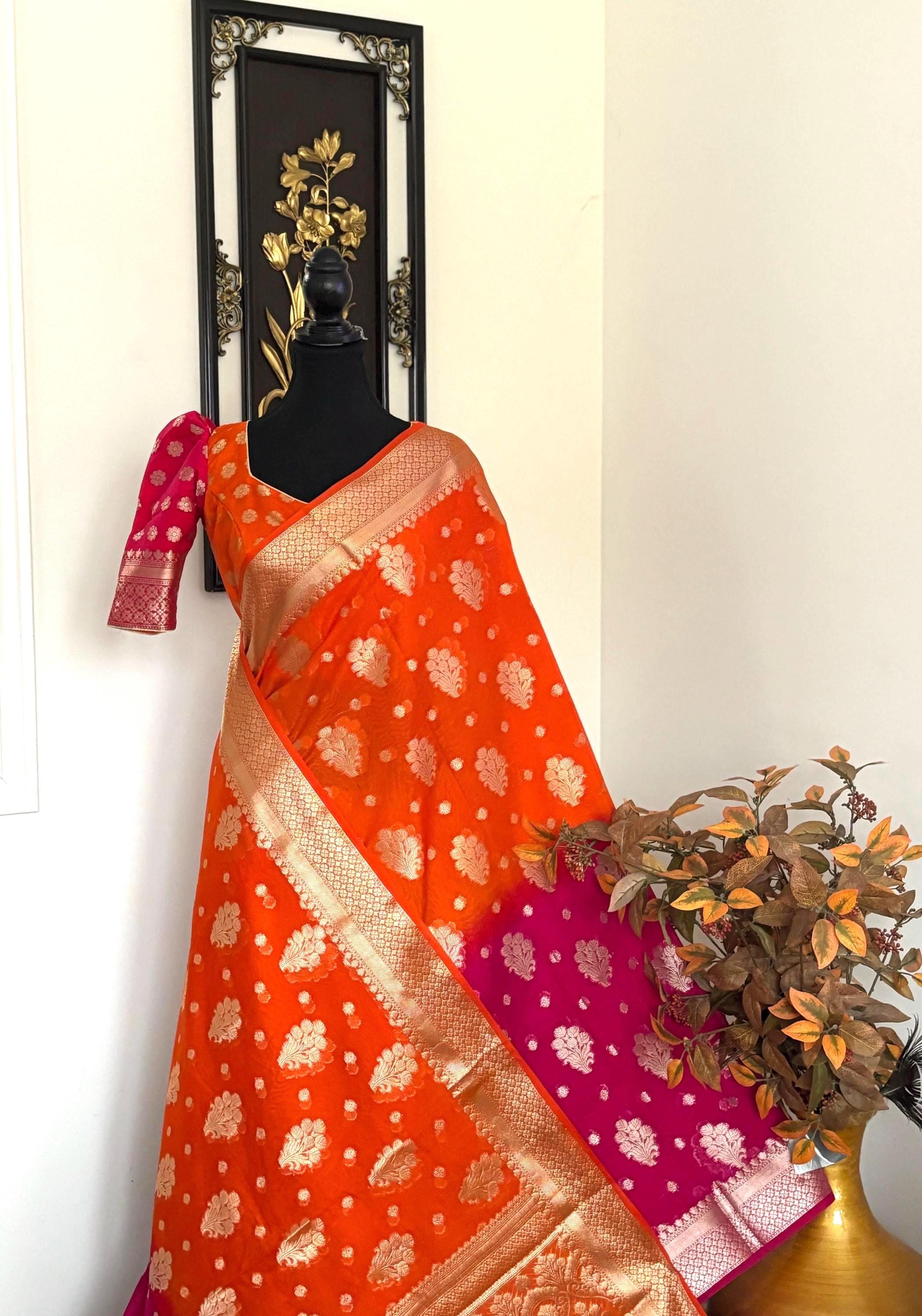 Beautiful Banarasi Dual shade  handloom khadi georgette silk saree all over beautiful water zari weaving work all over  32-46 Ready Blouse