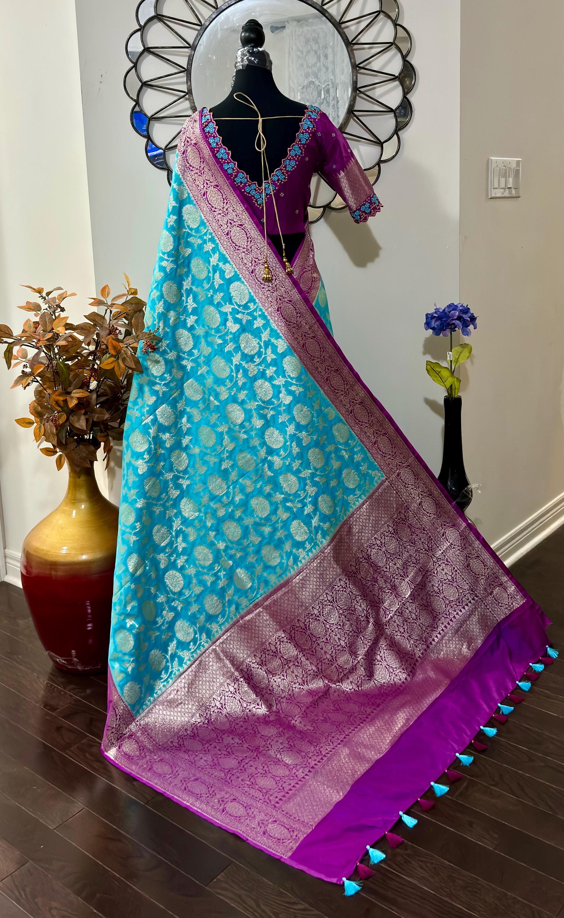 Beautiful banarasi silk saree paired up with beautiful embroidery blouse fits to 32 to 46 in beautiful rare colors all over jaal. Cocktails