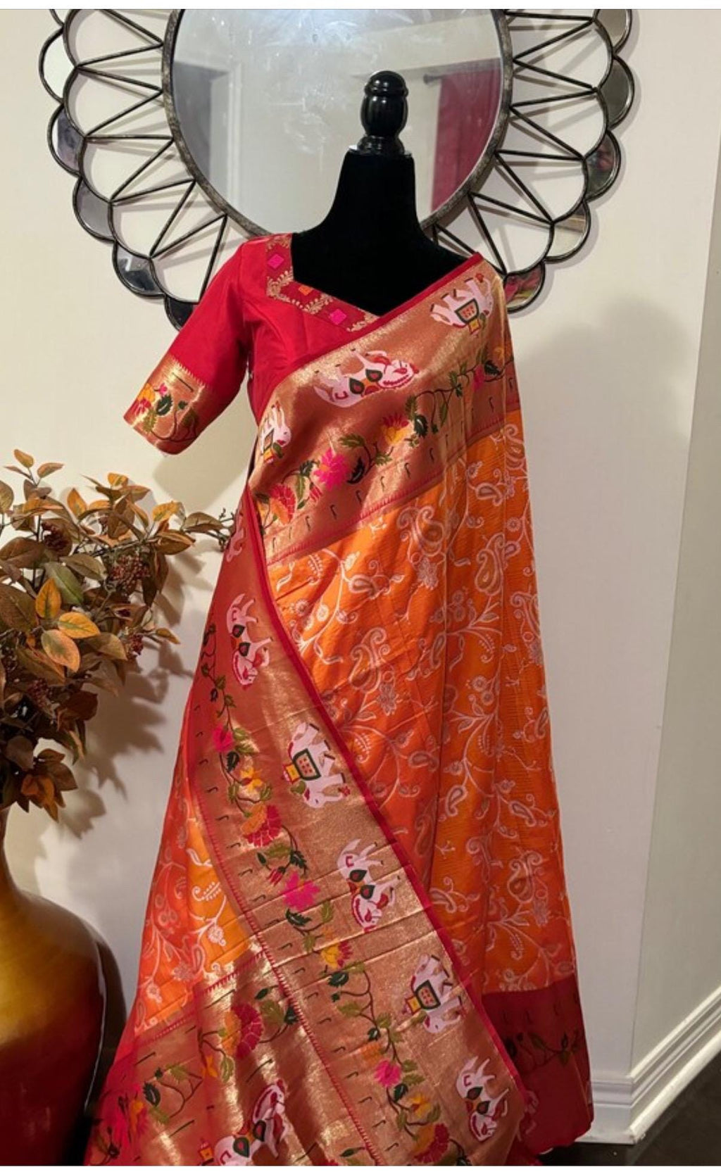 Beautiful Banarasi pythani saree in beautiful color with beautiful boarder and beautiful Pallu. Ready to wear maggam designer blouse 32-46