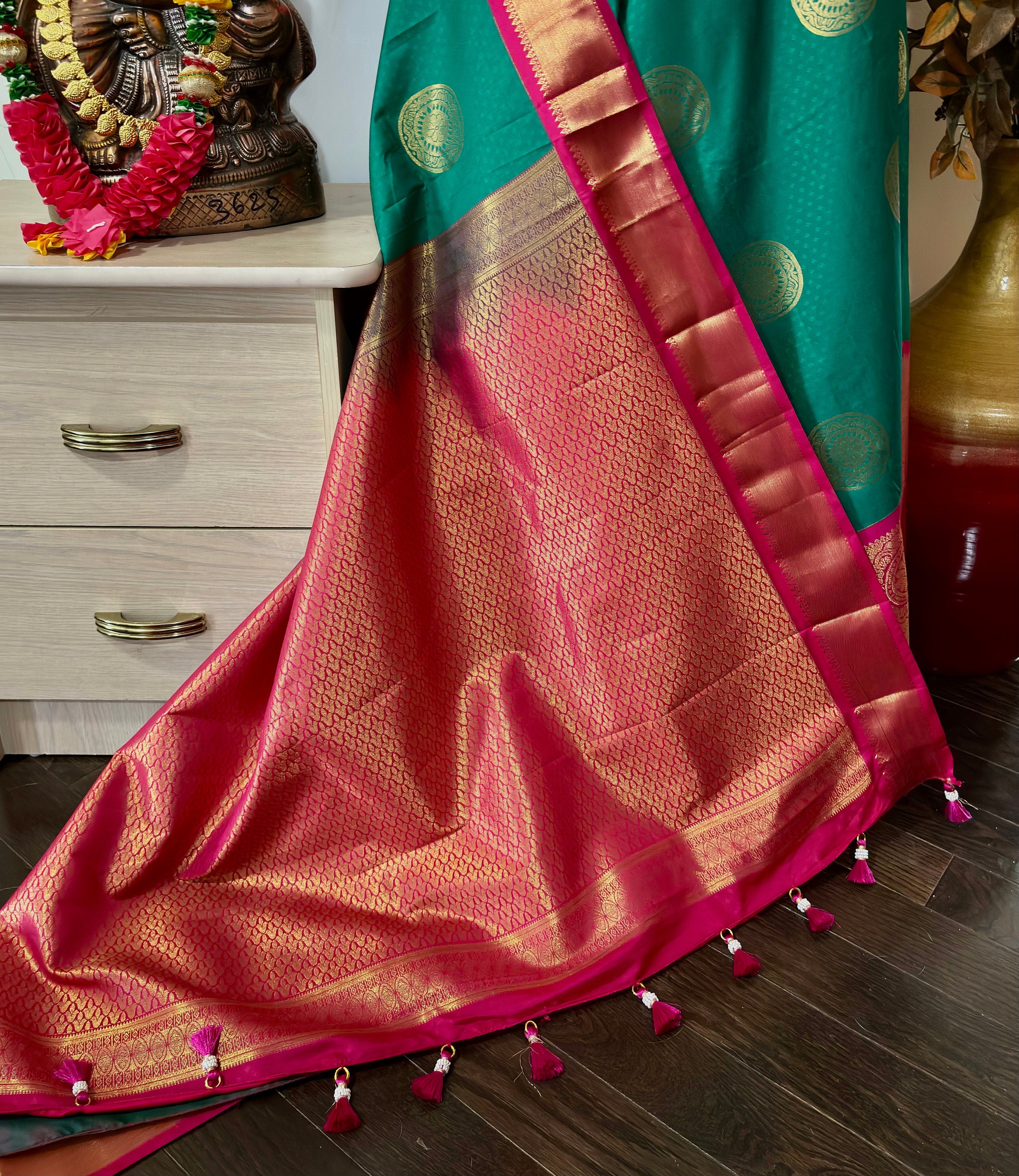 Kanchipuram soft silk saree in rare colors with beautifully done hand  made embroidered blouse with ready to wear work blouse fits 32 to 46