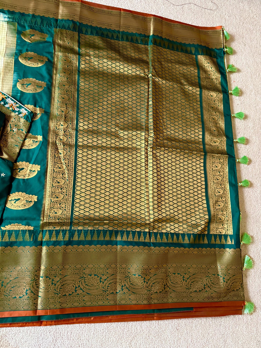 Gadwal Handloom pure silk sarees in rare colors and ready to wear blouse with embroidered blouse fits up to 32 -46 saree is ready fall pico