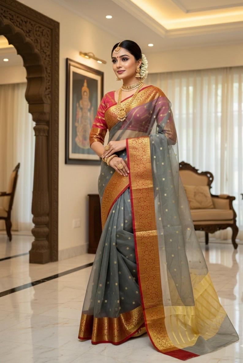 Beautiful Falling Banarasi Organza Kanchi boarder,  with elbow length sleeve ready to wear designer blouse fit to 32 to 44