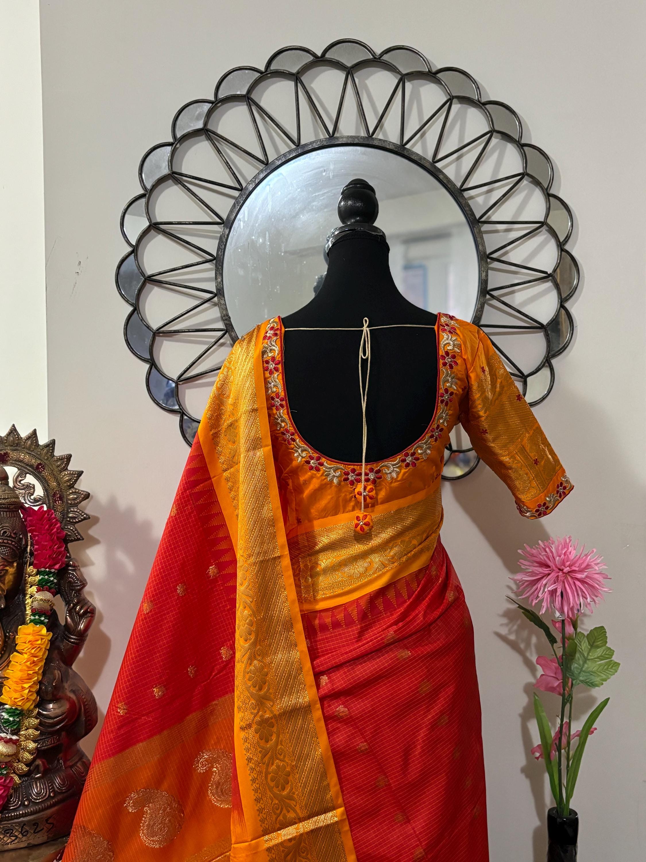 Gadwal Handloom pure silk sarees in Orange/yellow, ready to wear blouse with embroidered blouse fits up to 32 -46 saree is ready fall pico