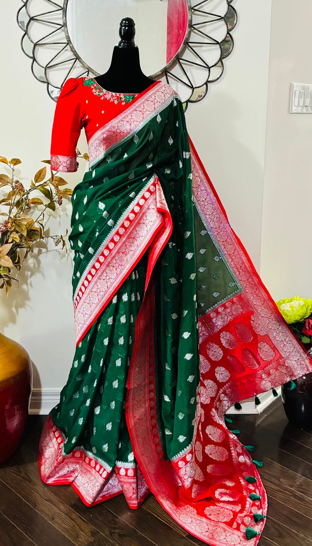 Beautiful banarasi kattan saree paired up with pretty maggam work blouse.