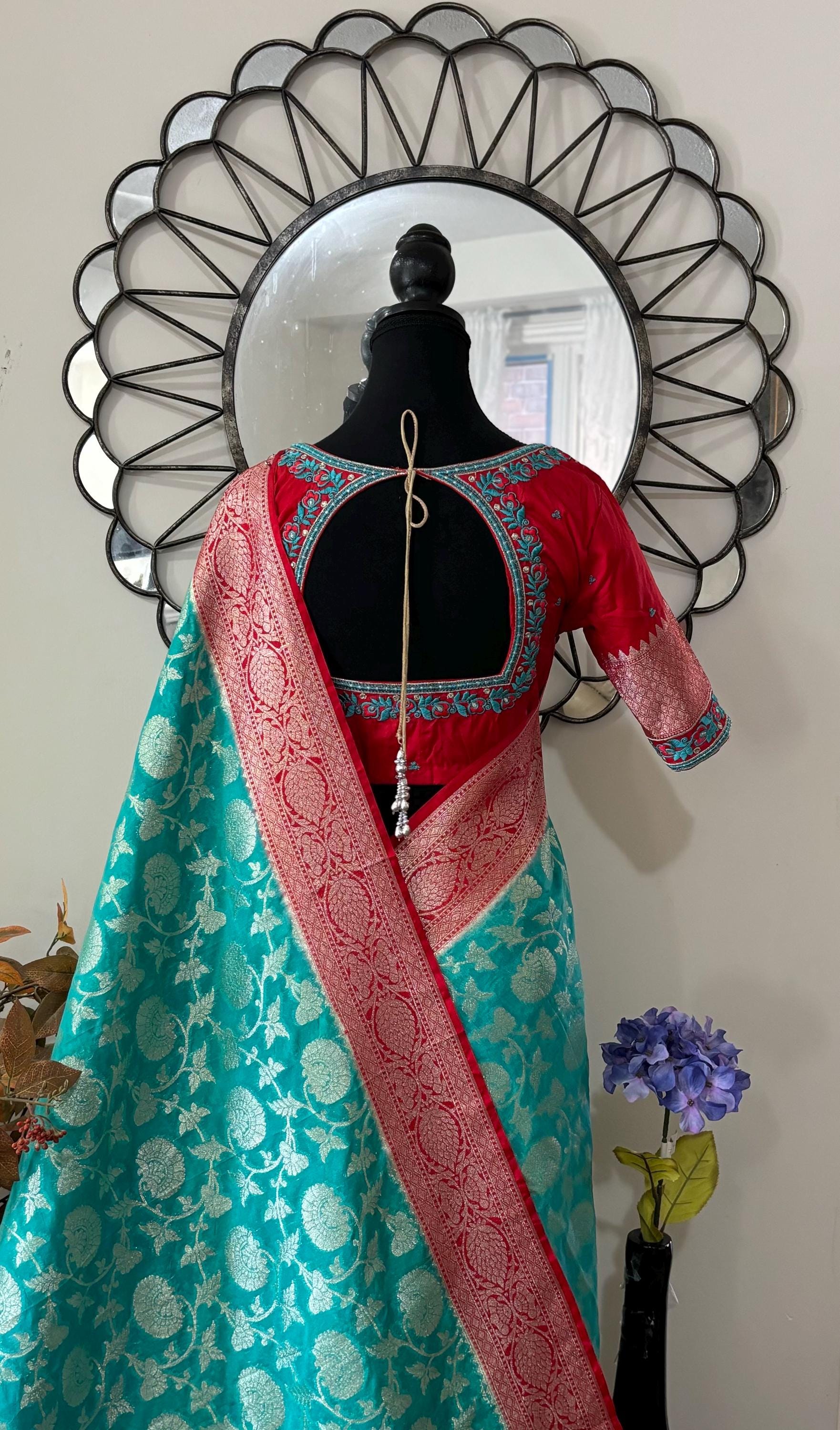 Beautiful banarasi silk saree paired up with beautiful embroidery blouse fits to 32 to 46 in beautiful rare colors all over jaal. Cocktails