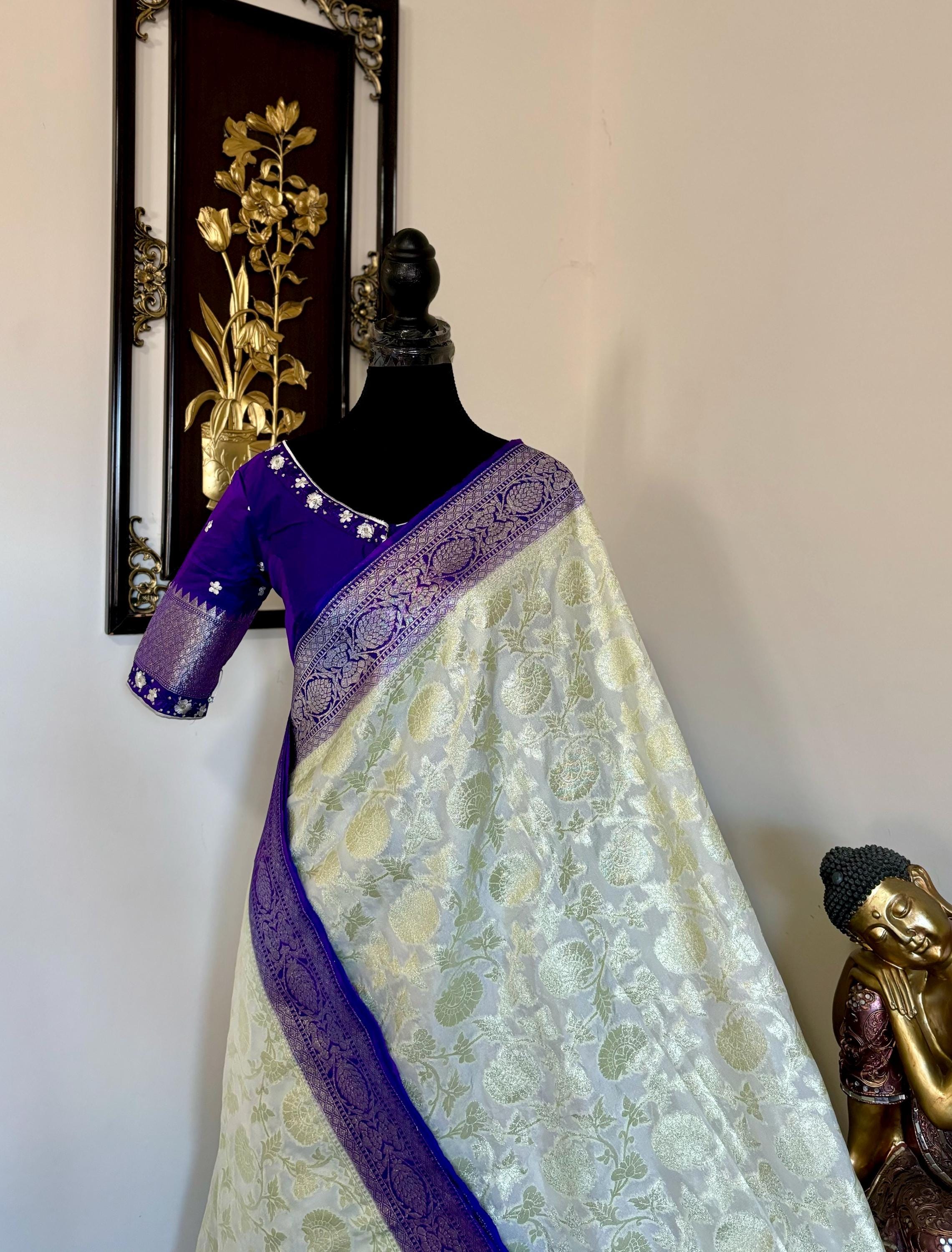 Beautiful banarasi silk saree paired up with beautiful embroidery blouse fits to 32 to 46 in beautiful rare colors all over jaal. Cocktails