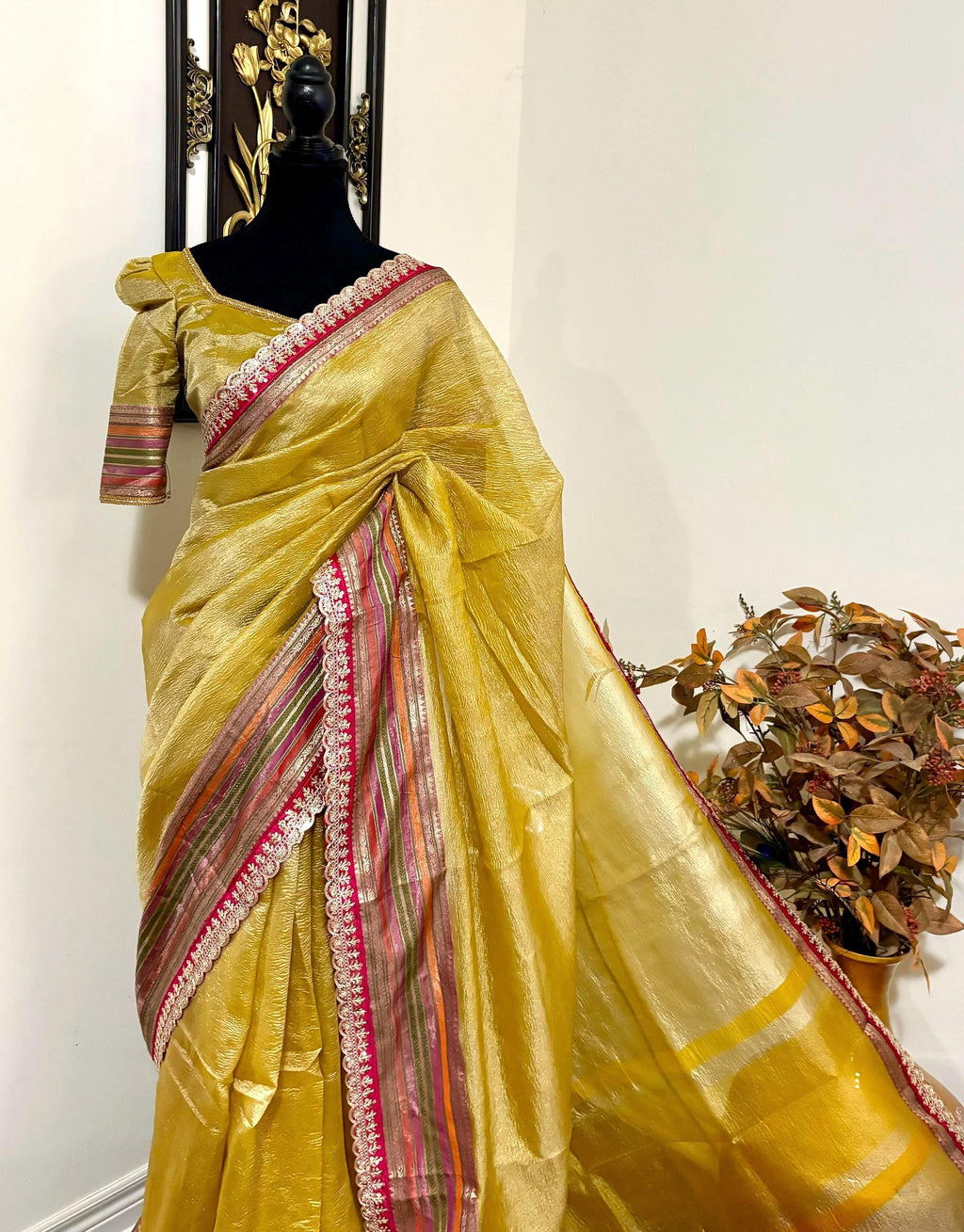 Beautiful party wear cocktail pure silk  crush tissue  saree paired up with pretty designer Blouse fits 32-46/contact seller for availabil