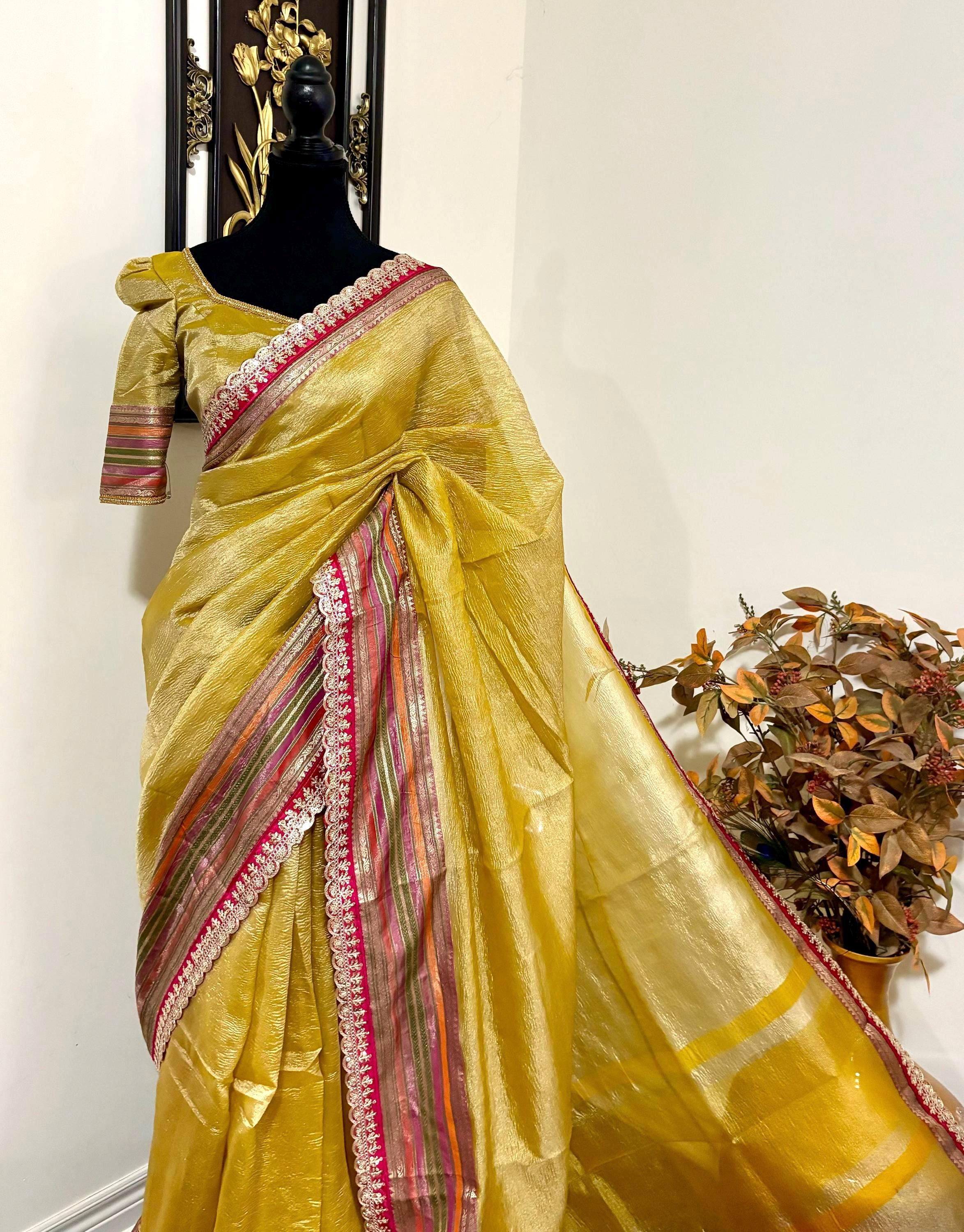 Beautiful party wear cocktail pure silk  crush tissue  saree paired up with pretty designer Blouse fits 32-46/contact seller for availabil