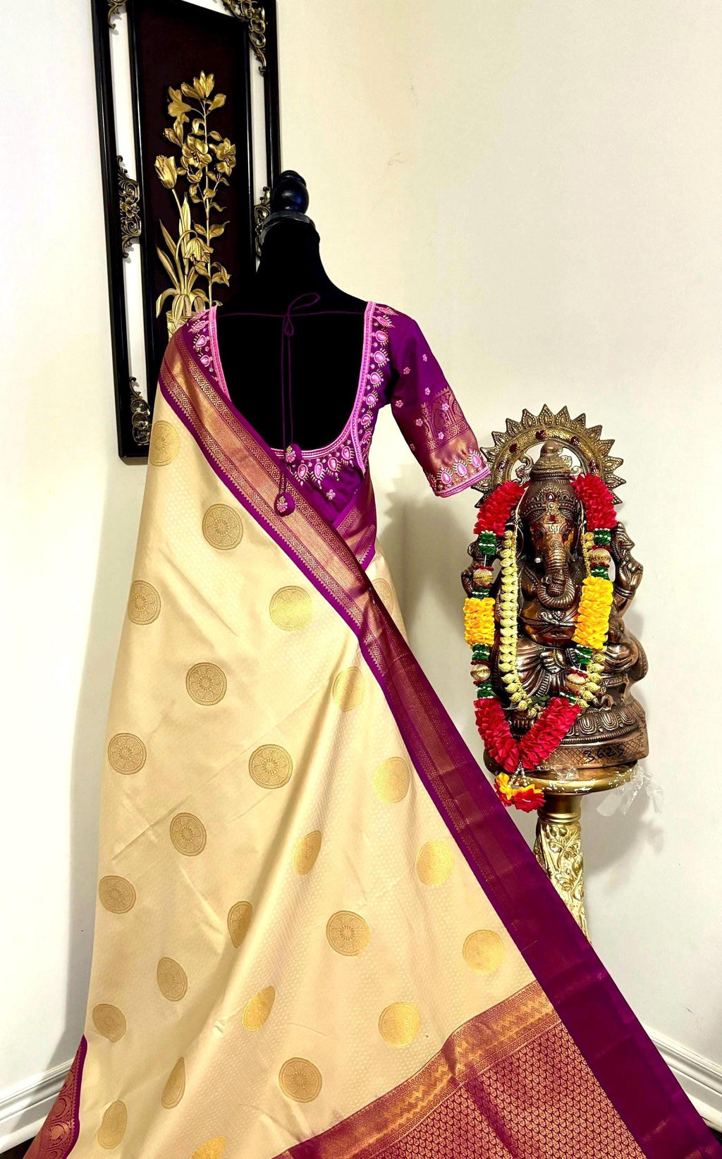 Kanchipuram soft silk saree in rare colors with beautifully done hand  made embroidered blouse with ready to wear work blouse fits 32 to 46