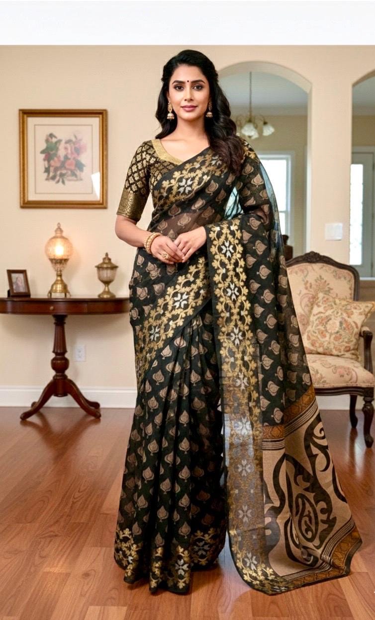 Banarsi fancy beautiful kora organza double zari silk saree/ Black beauty is with ready to wear designer blouse fits to 32 to 40