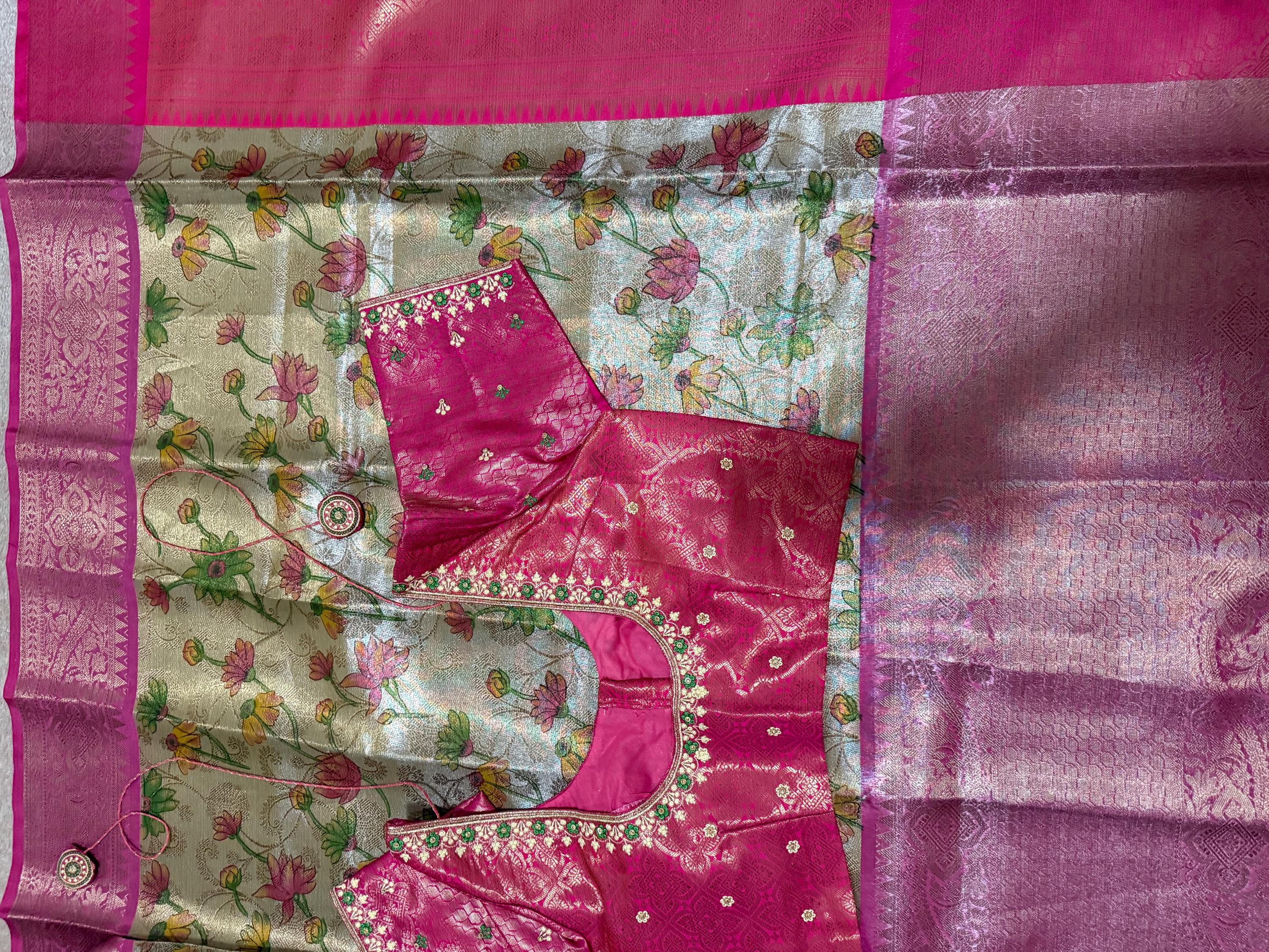 Kanchipuram kalamkari   soft silk saree in rare colors with beautifull embroidered blouse with ready to wear work blouse fits 32 to 46