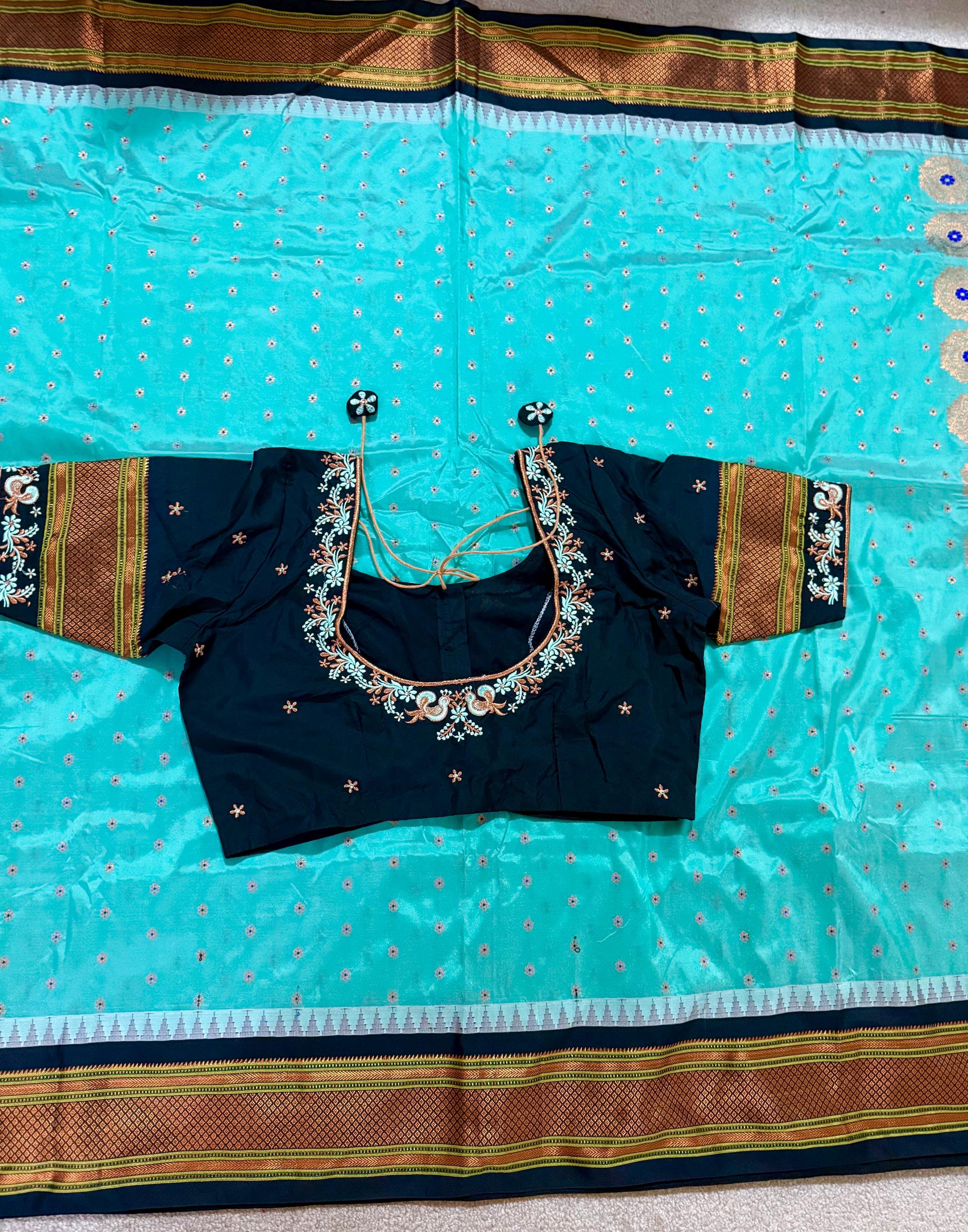Gadwal Handloom pure silk sarees in rare colors and ready to wear blouse with embroidered blouse fits up to 32 -46 saree is ready fall pico