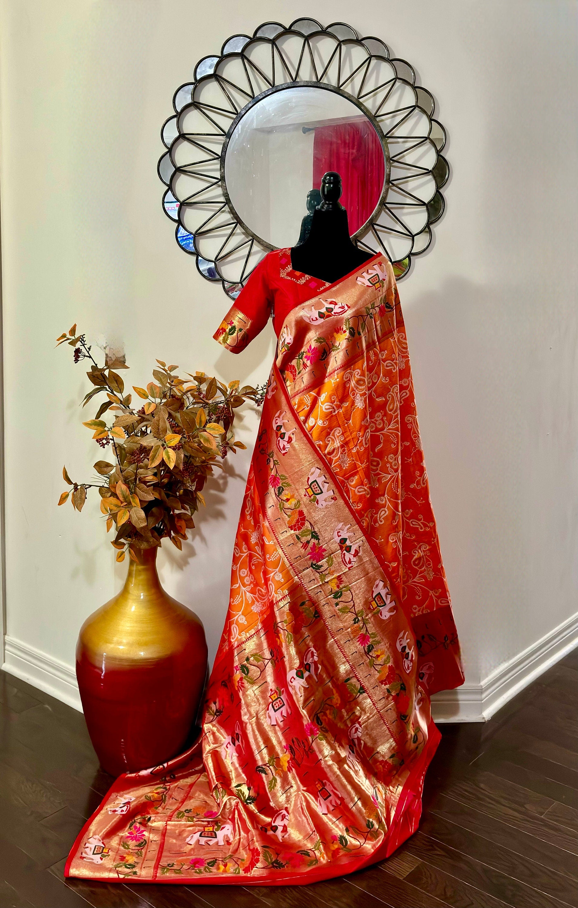 Beautiful Banarasi pythani saree in beautiful color with beautiful boarder and beautiful Pallu. Ready to wear maggam designer blouse 32-46