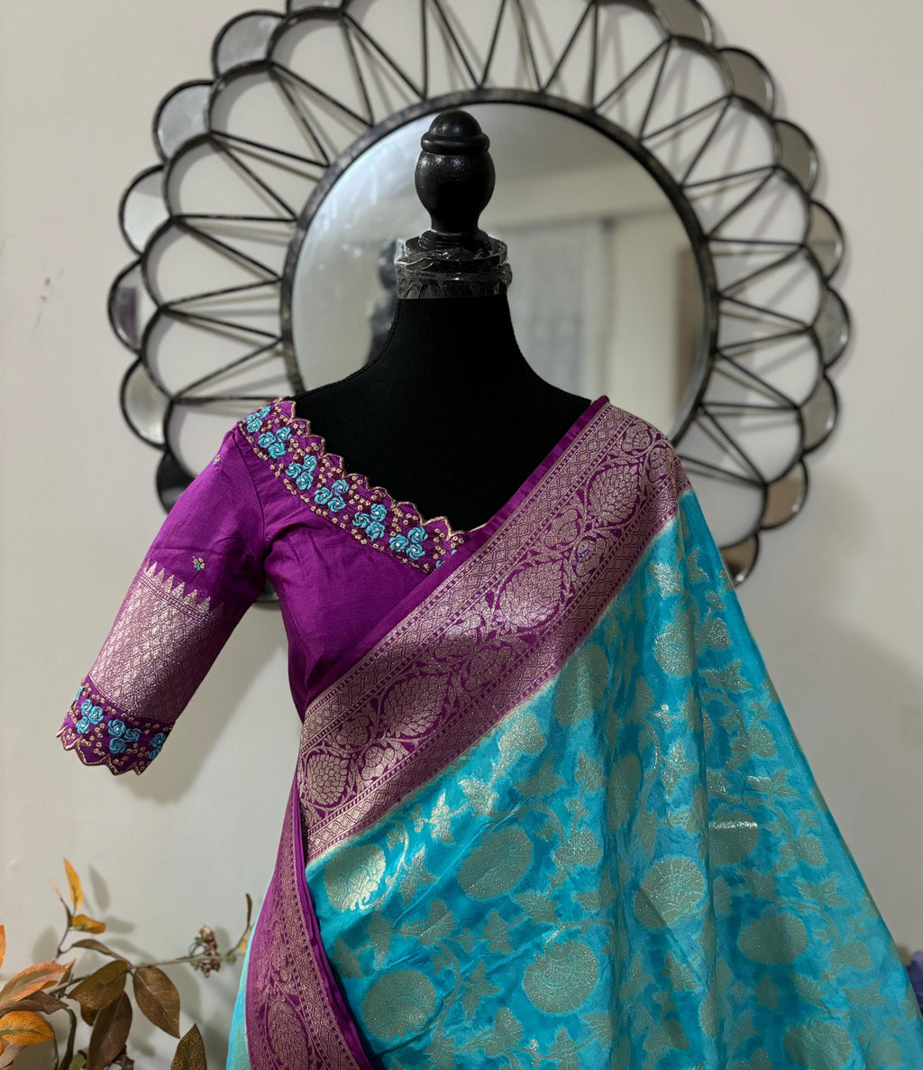 Beautiful banarasi silk saree paired up with beautiful embroidery blouse fits to 32 to 46 in beautiful rare colors all over jaal. Cocktails