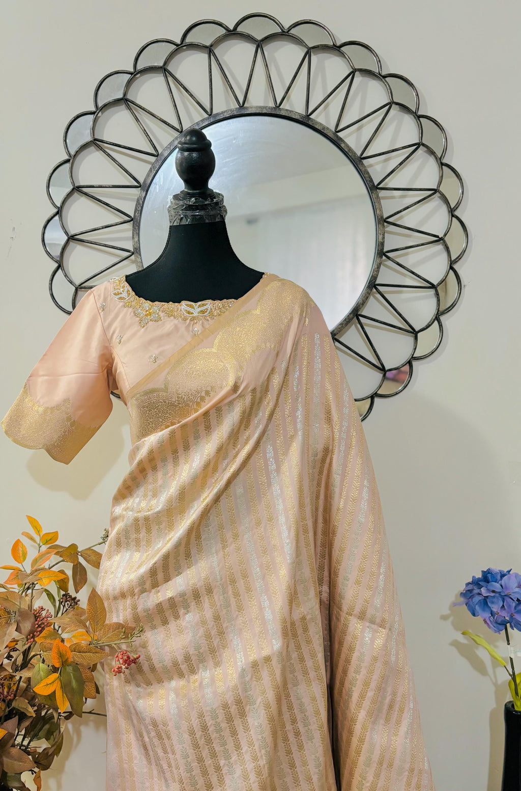 Beautiful Banarasi kataan silk  saree paired up with pretty Maggam work blouse. Blouse sizes can be customized.