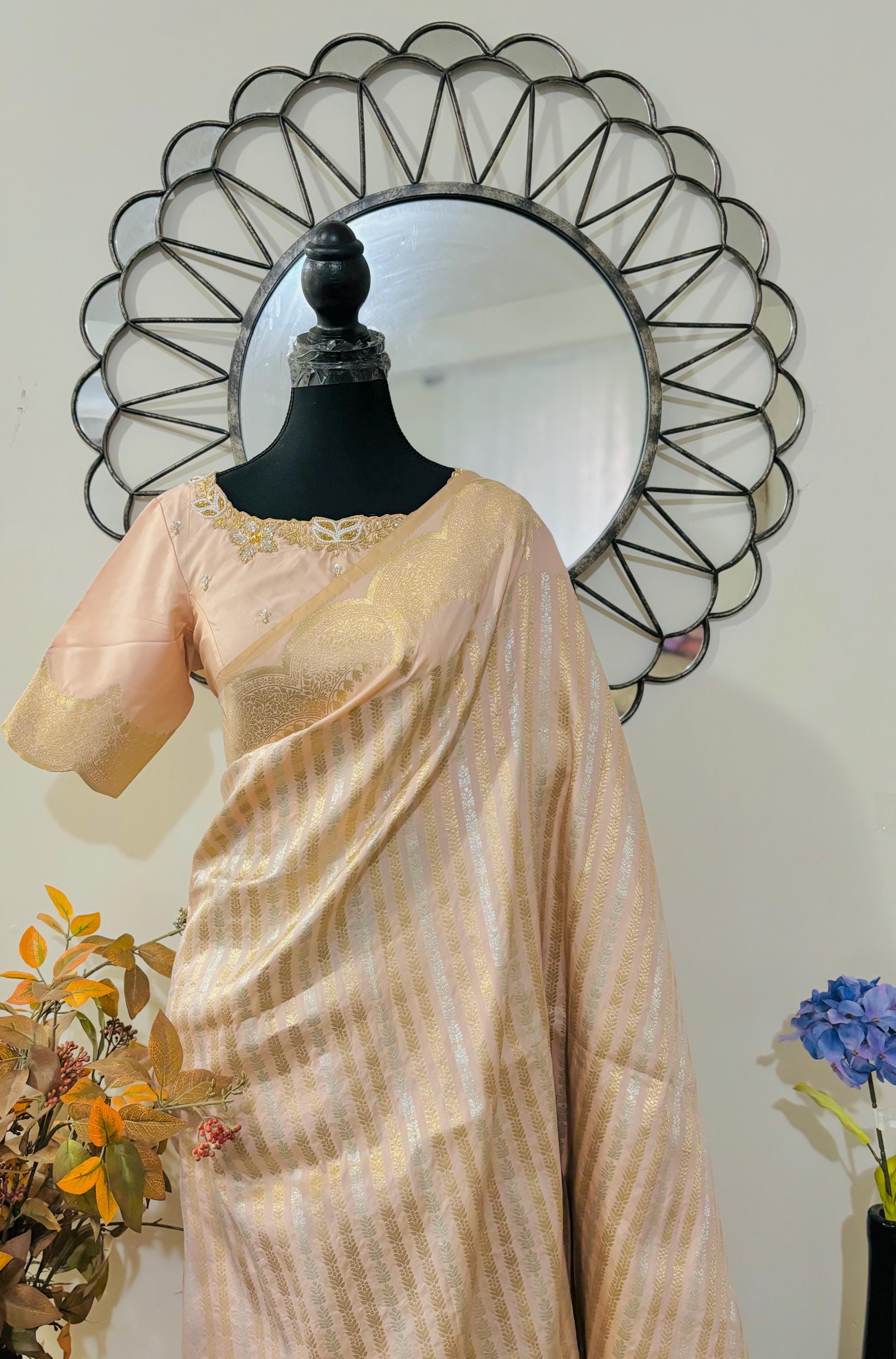 Beautiful Banarasi kataan silk  saree paired up with pretty Maggam work blouse. Blouse sizes can be customized.