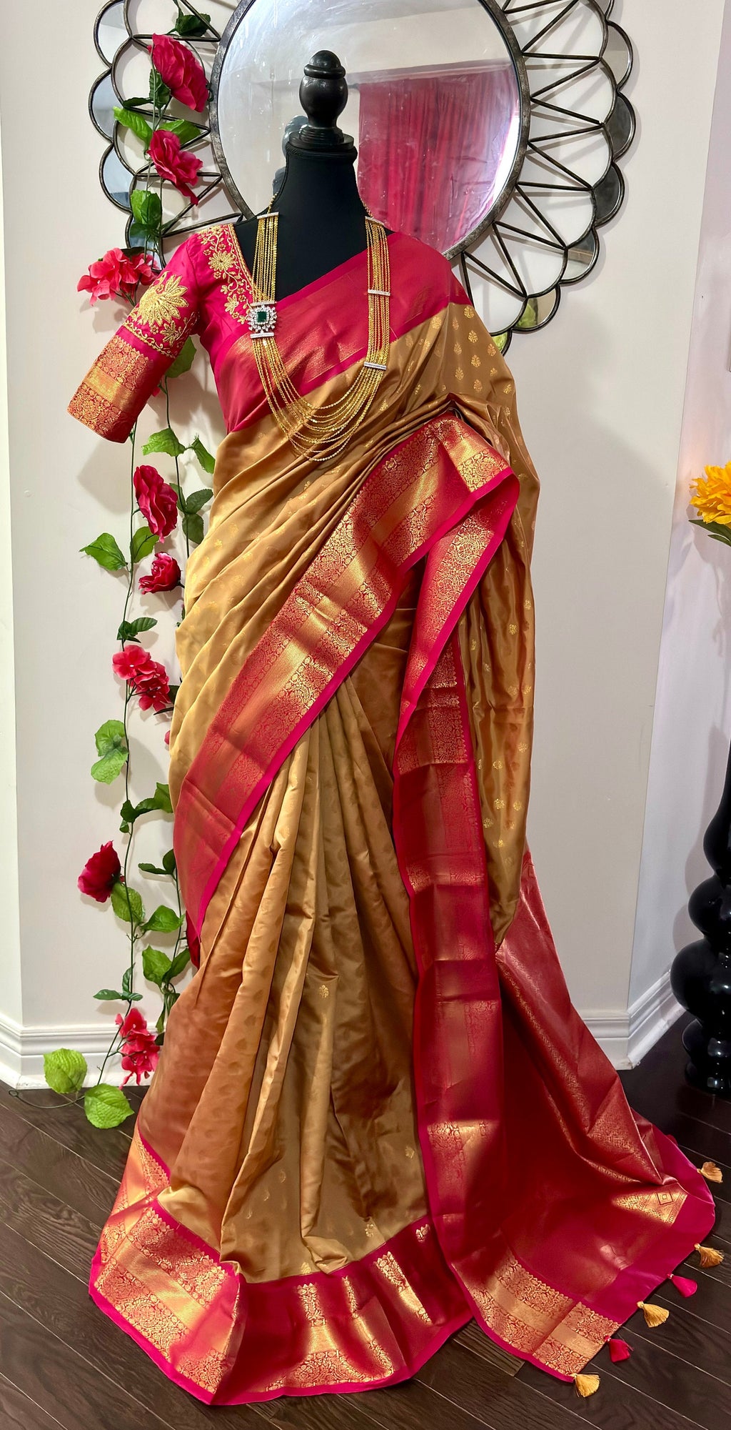 Kanchipuram soft silk saree in rare colors with beautifully done hand  made embroidered blouse with ready to wear work blouse fits 32 to 46