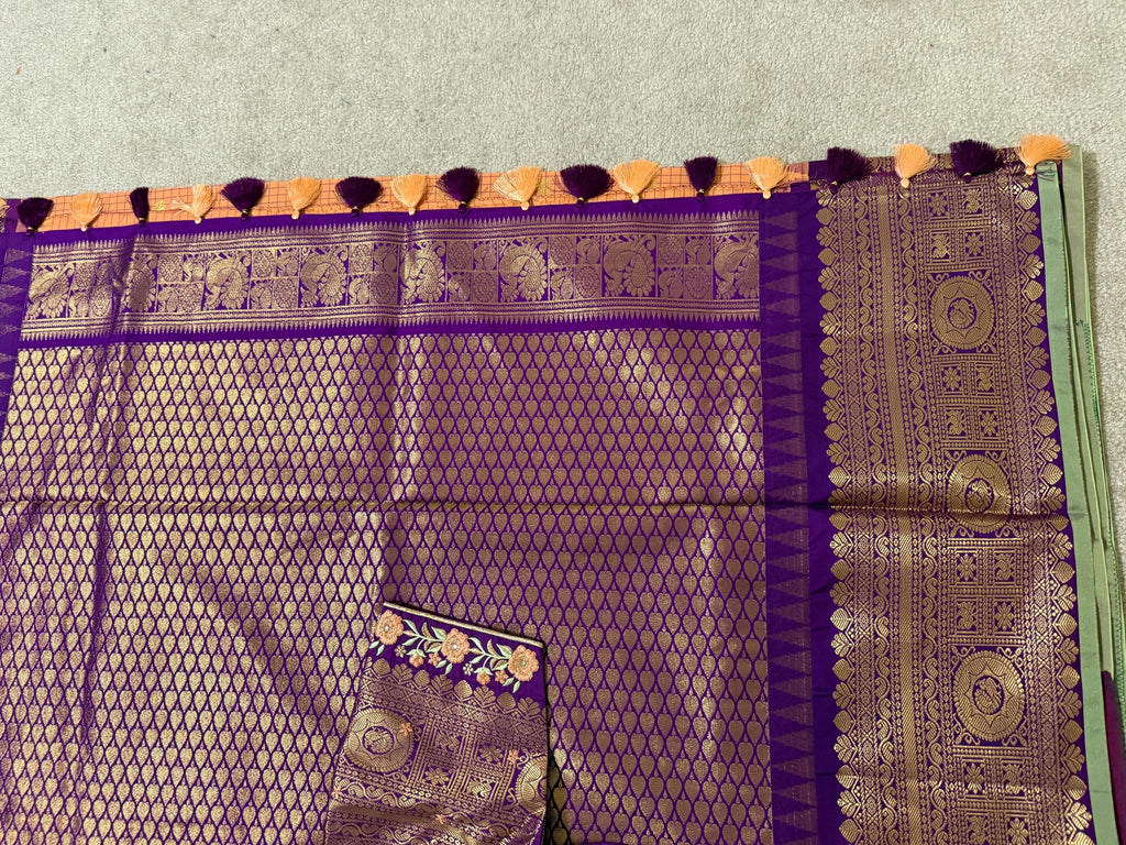 Gadwal Handloom pure silk sarees in rare colors and ready to wear blouse with embroidered blouse fits up to 32 -46 saree is ready fall pico