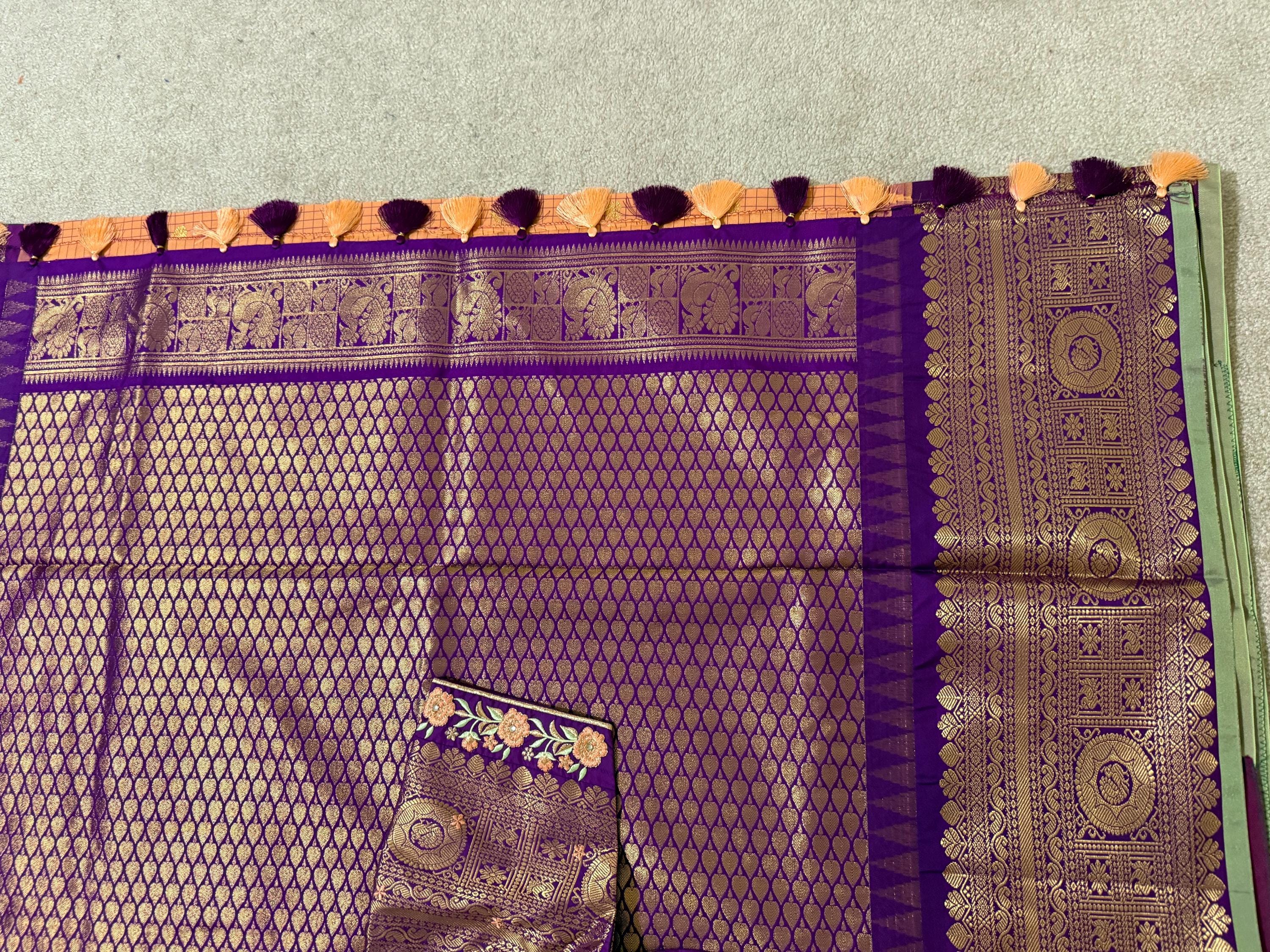 Gadwal Handloom pure silk sarees in rare colors and ready to wear blouse with embroidered blouse fits up to 32 -46 saree is ready fall pico