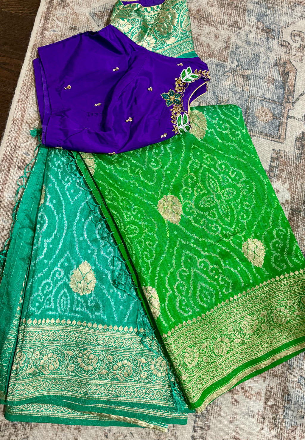 Beautiful cocktail dual shade banarasi  bandhini silk saree paired up pretty maggam blouse fits  sizes 32 -46 ready to wear prettiest blouse