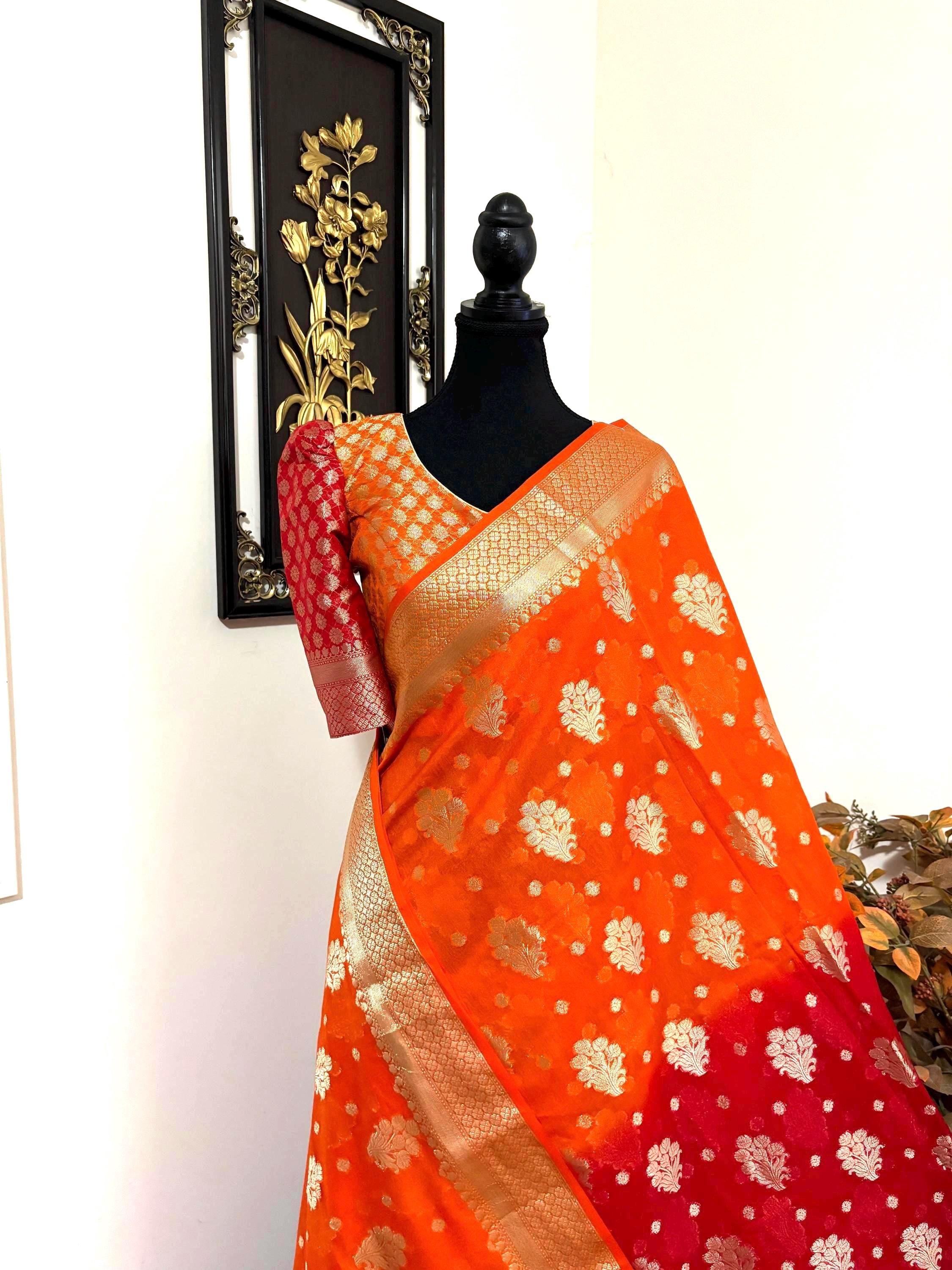 Banarasi dual shade handloom khadi georgette silk saree all over beautiful waterzariweavingbeautifulcombinations,orange and red readyblouse