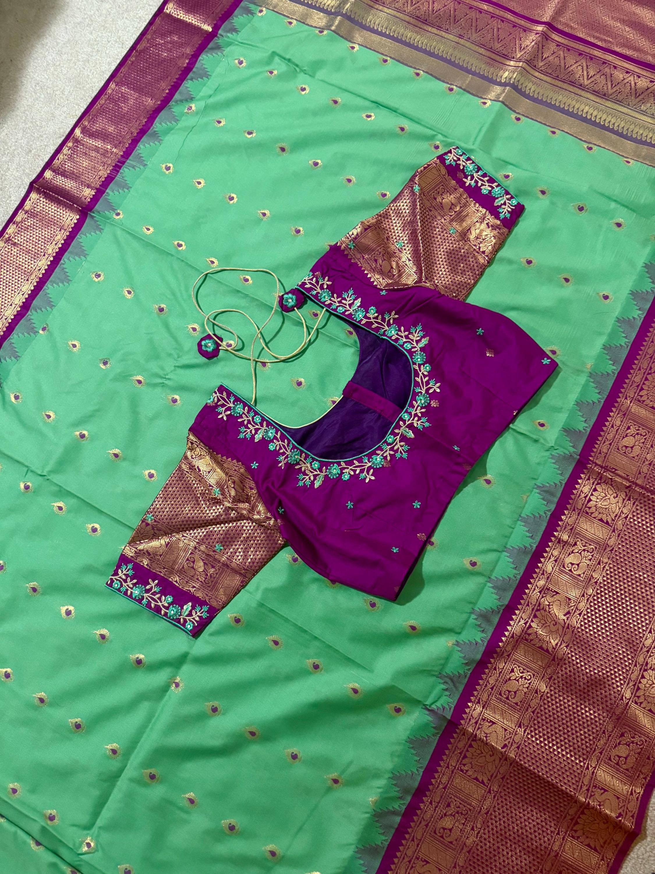Gadwal Handloom pure silk sarees in rare colors and ready to wear blouse with embroidered blouse fits up to 32 -46 saree is ready fall pico