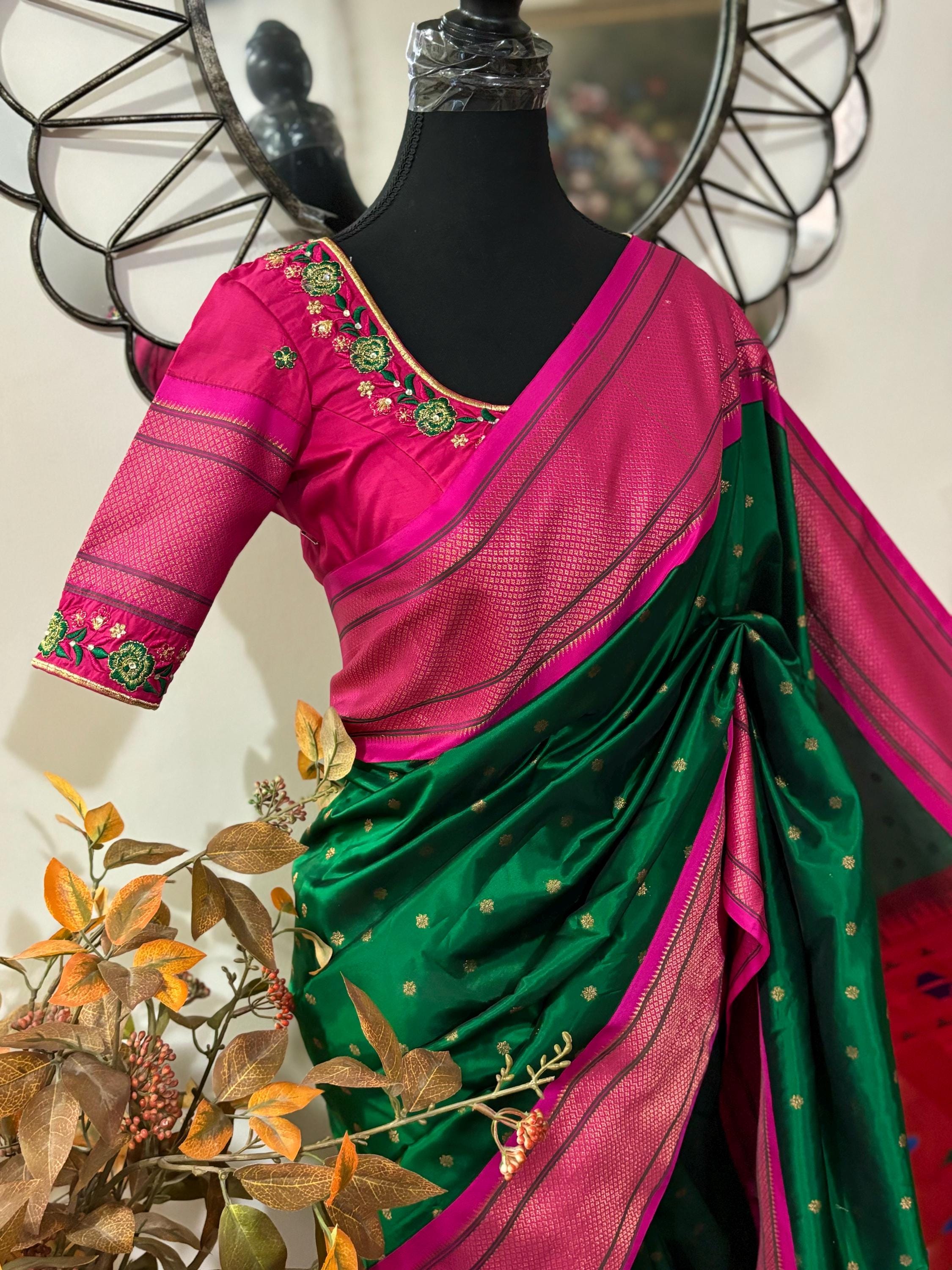 Beautiful pythani pure silk saree with   ready to wear beautiful  work blouse fits up to 32 to 46  purple  color, saree is ready to wear