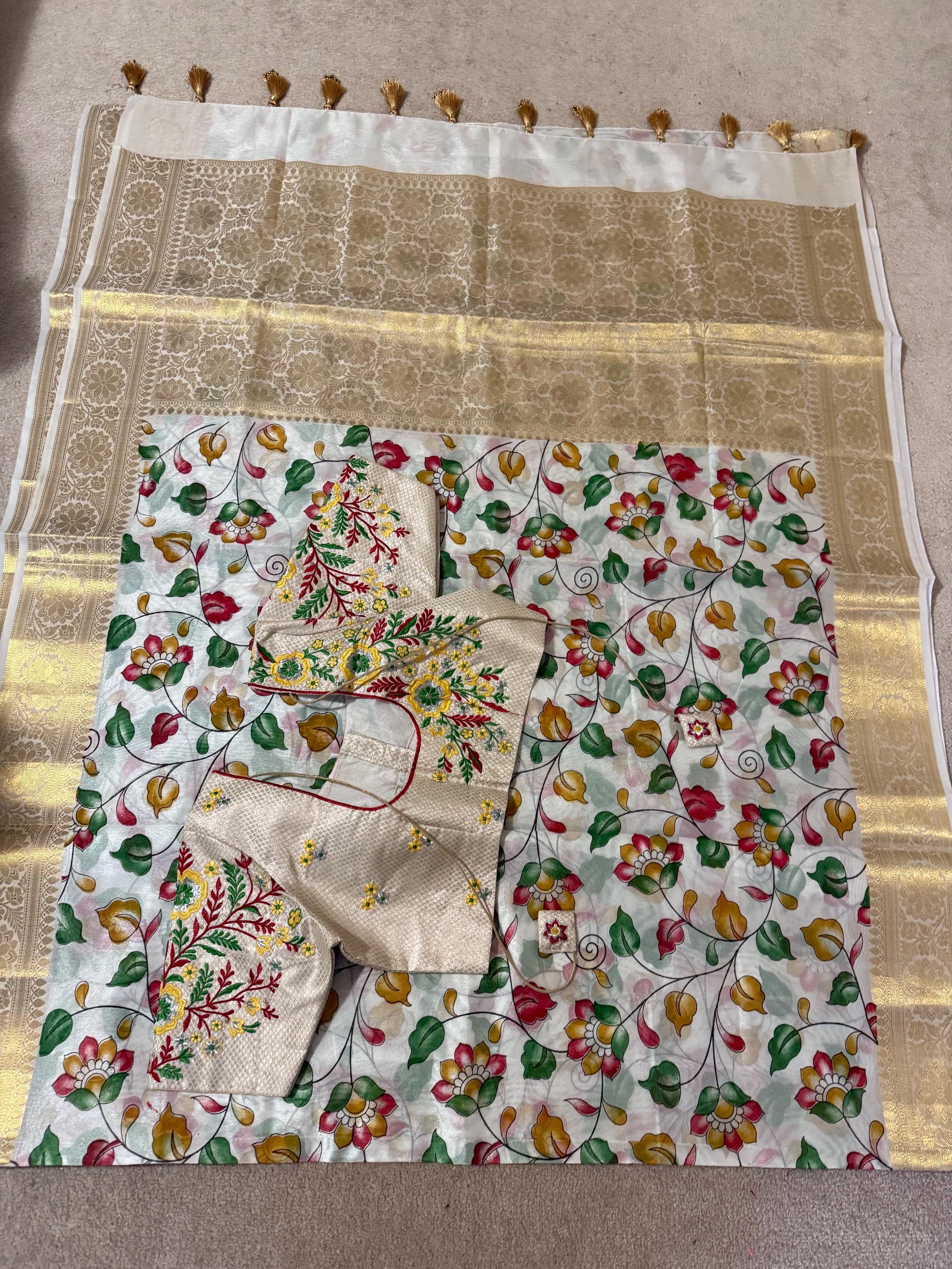 Beautiful soft cream color mango silk saeee with kalamkari saree along with embroided blouse ready to wear