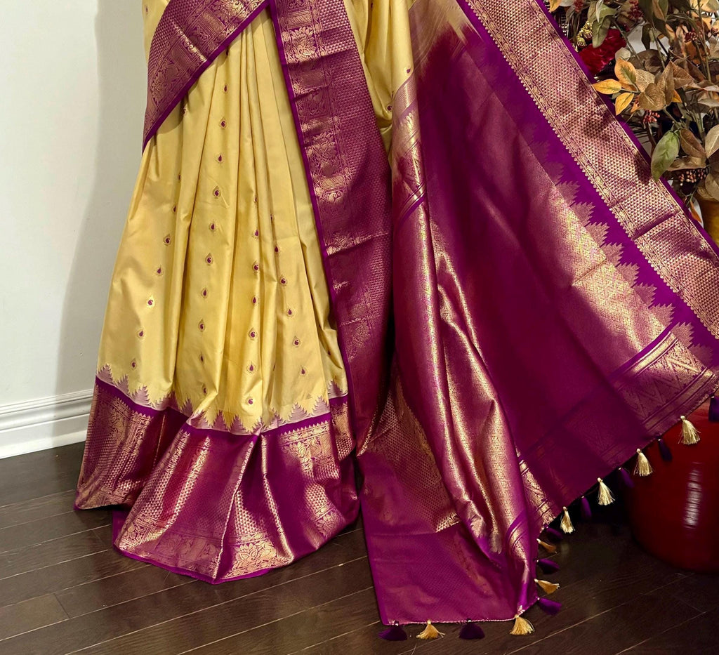 Gadwal Handloom pure silk sarees in rare colors and ready to wear blouse with embroidered blouse fits up to 32 -46 saree is ready fall pico