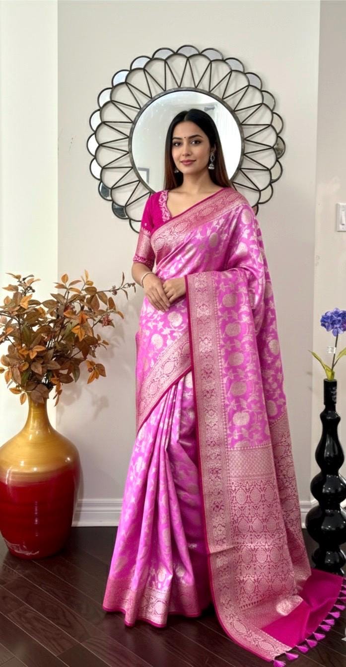 Beautiful banarasi silk saree paired up with beautiful embroidery blouse fits to 32 to 46 in beautiful rare colors all over jaal. Cocktails