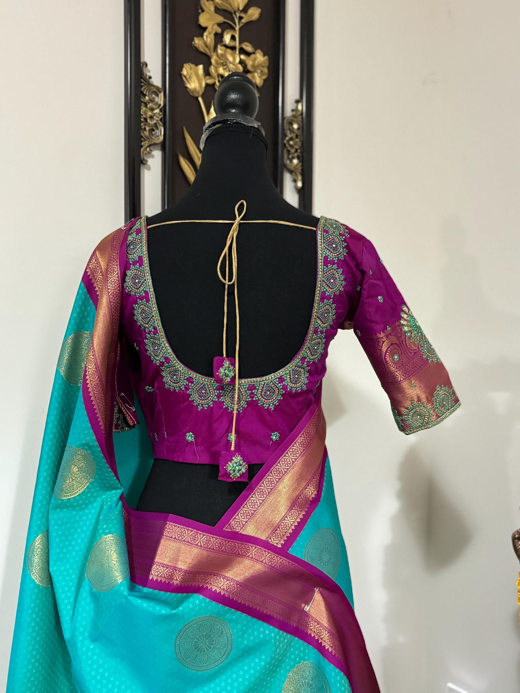 Kanchipuram soft silk saree in rare colors with beautifully done hand  made embroidered blouse with ready to wear work blouse fits 32 to 46