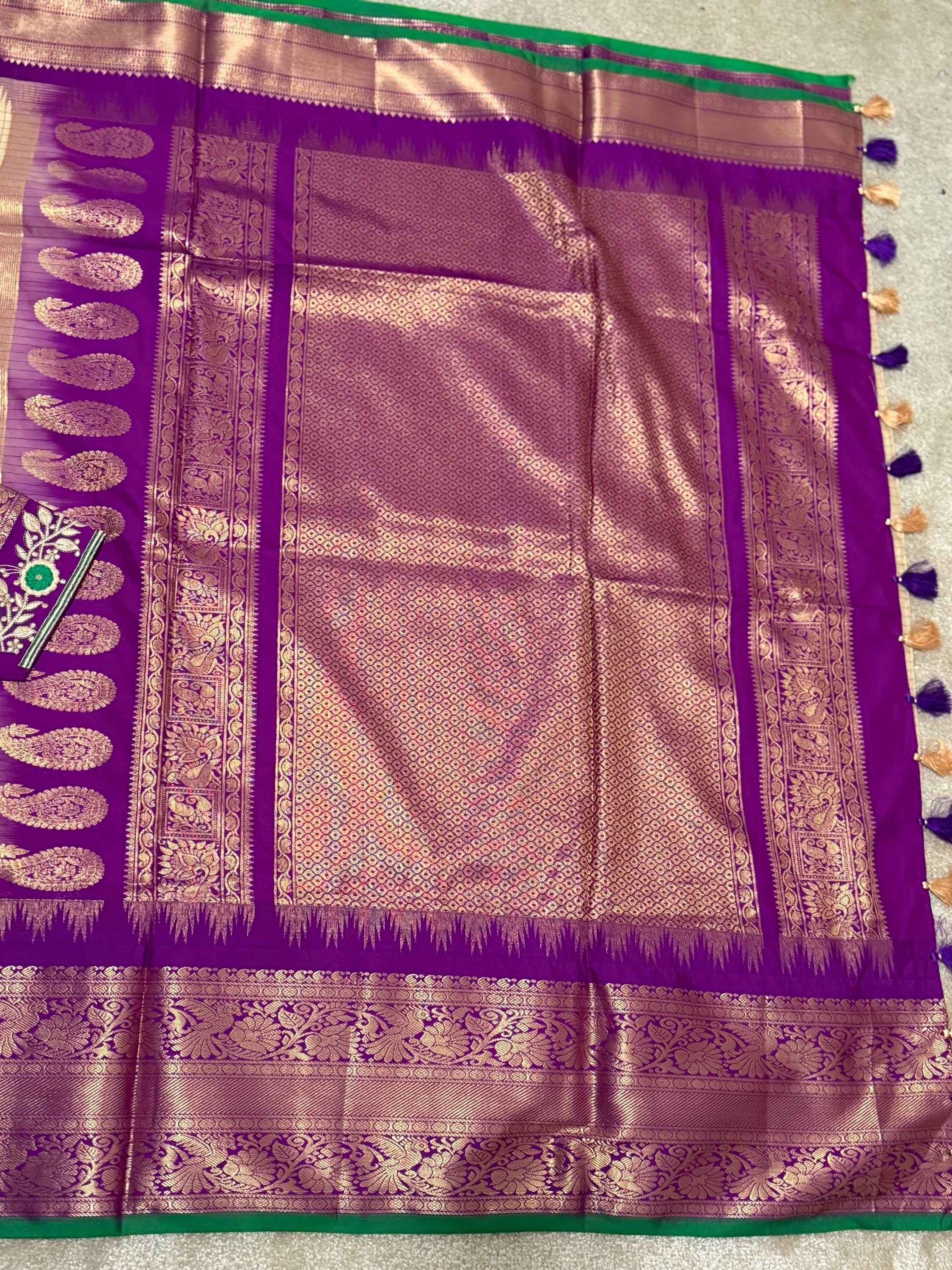 Gadwal Handloom pure silk sarees in rare colors and ready to wear blouse with embroidered blouse fits up to 32 -46 saree is ready fall pico