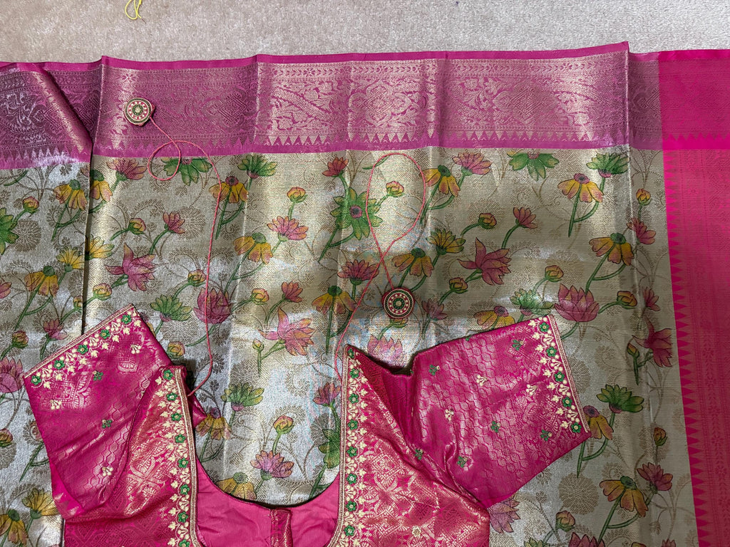 Kanchipuram kalamkari   soft silk saree in rare colors with beautifull embroidered blouse with ready to wear work blouse fits 32 to 46