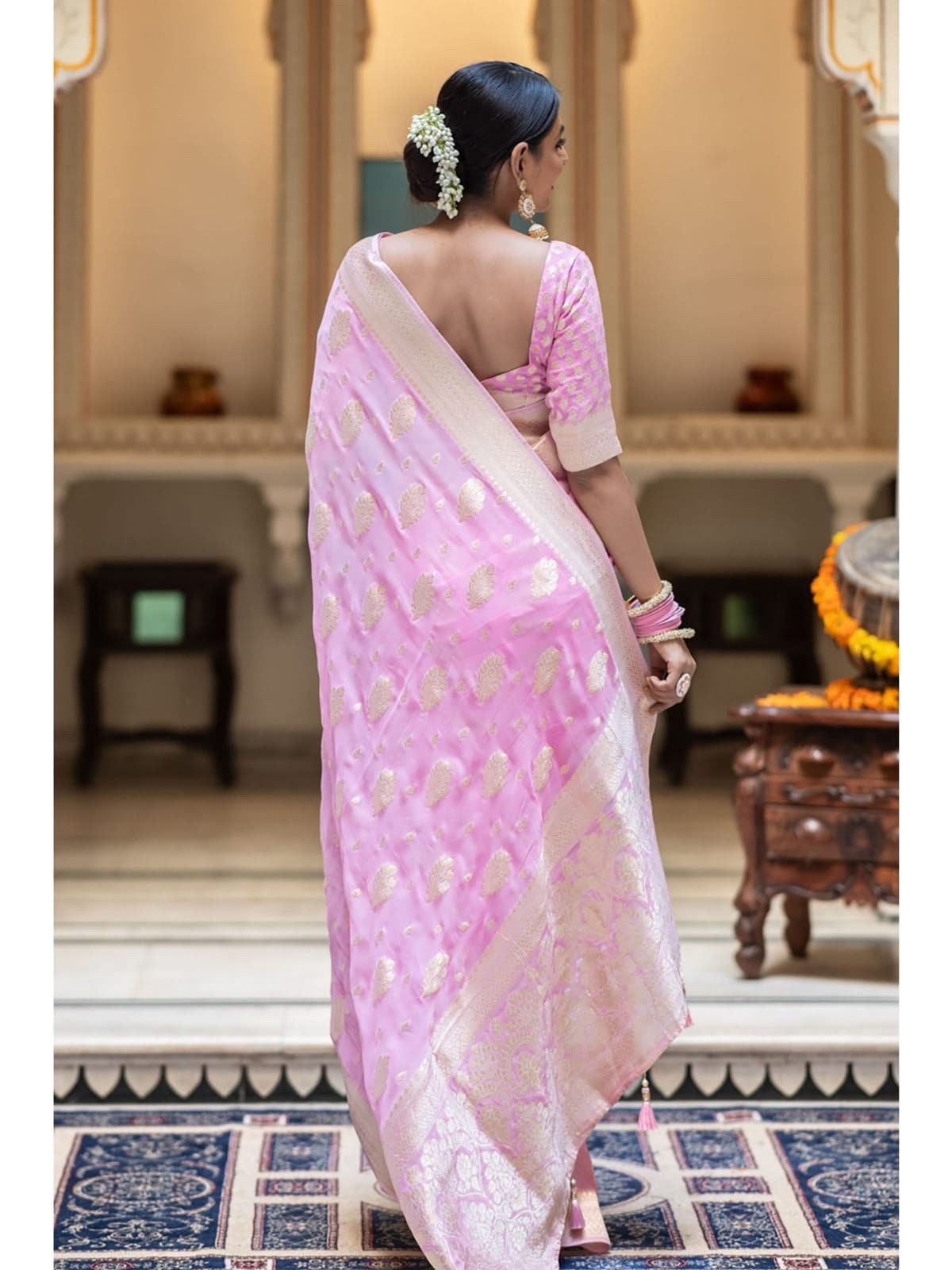 Banarasi handloom khadi georgette silk soft falling saree all over beautiful water zari weaving work any color possible ready to wear blouse