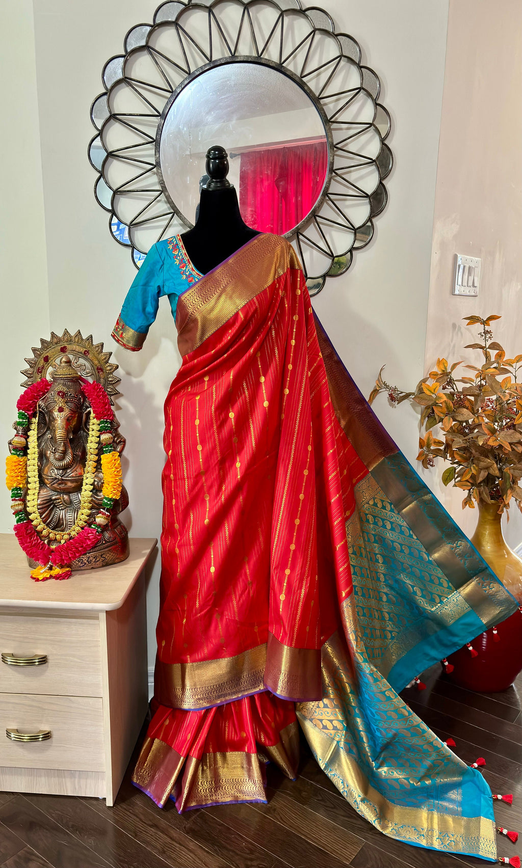 Kanchipuram soft silk saree in rarecolors with beautifully done hand  made embroidered blouse with readytowear work blouse fitsup to32 to 46