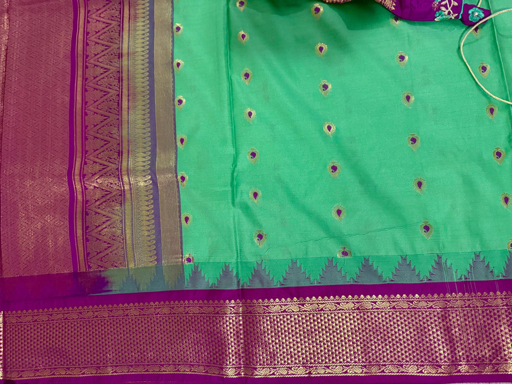 Gadwal Handloom pure silk sarees in rare colors and ready to wear blouse with embroidered blouse fits up to 32 -46 saree is ready fall pico