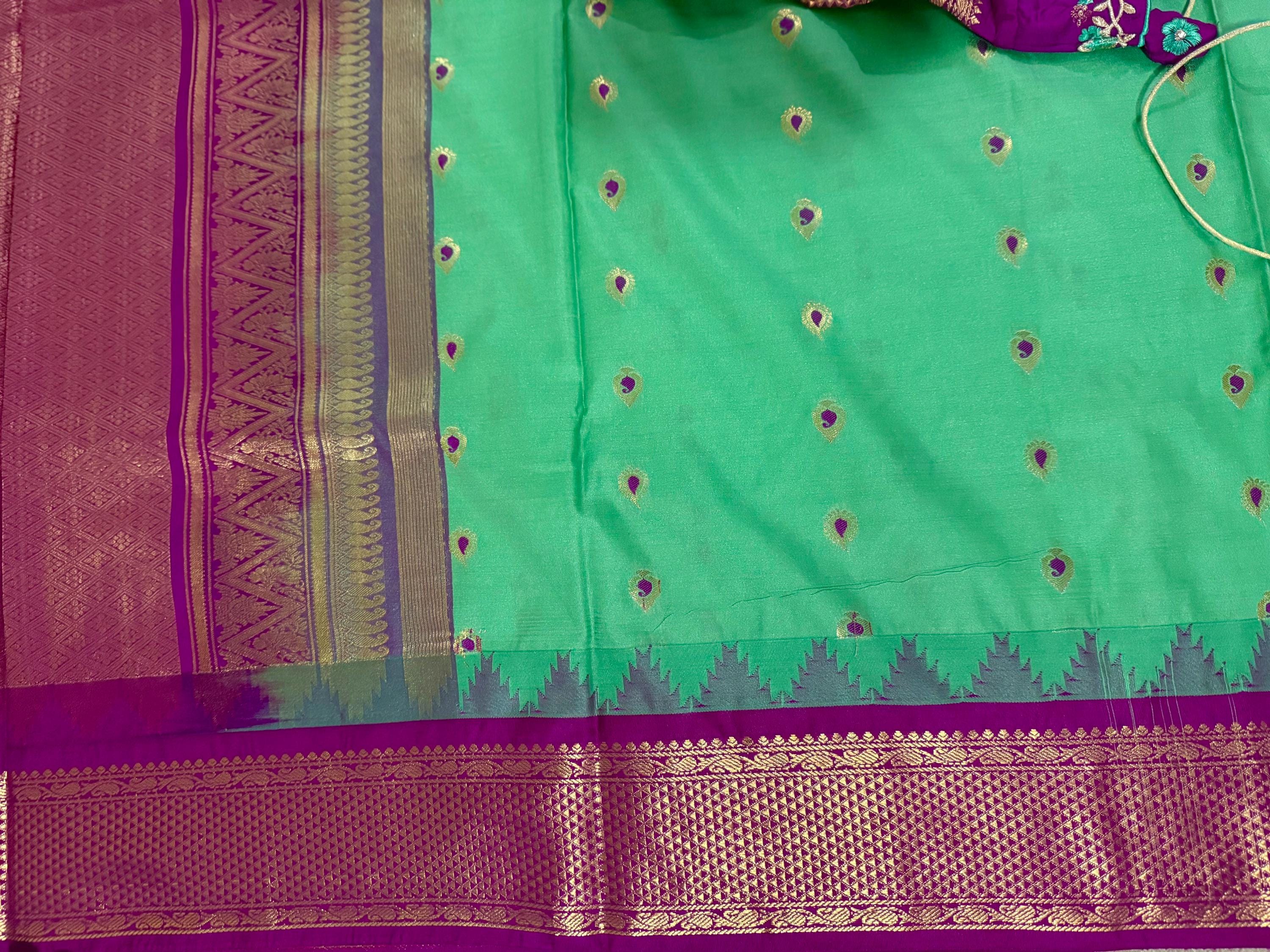 Gadwal Handloom pure silk sarees in rare colors and ready to wear blouse with embroidered blouse fits up to 32 -46 saree is ready fall pico