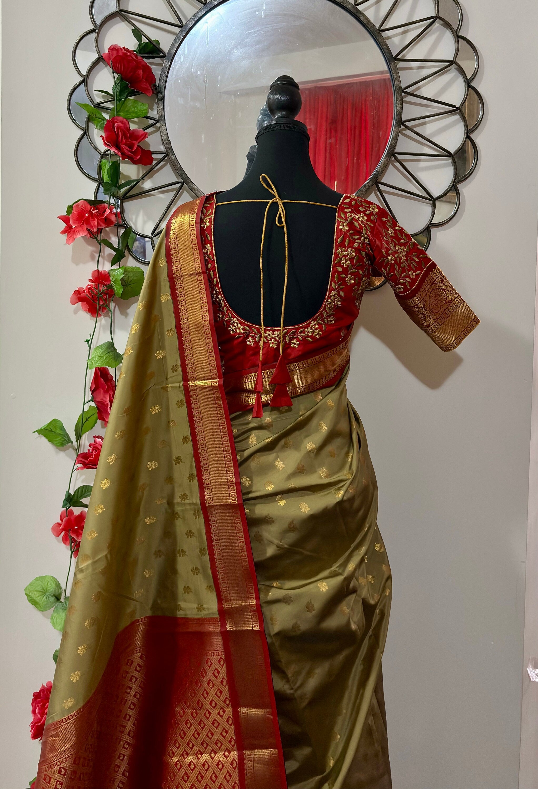 Kanchipuram soft silk saree in rarecolors with beautifully done hand  made embroidered blouse with readytowear work blouse fitsup to32 to 46