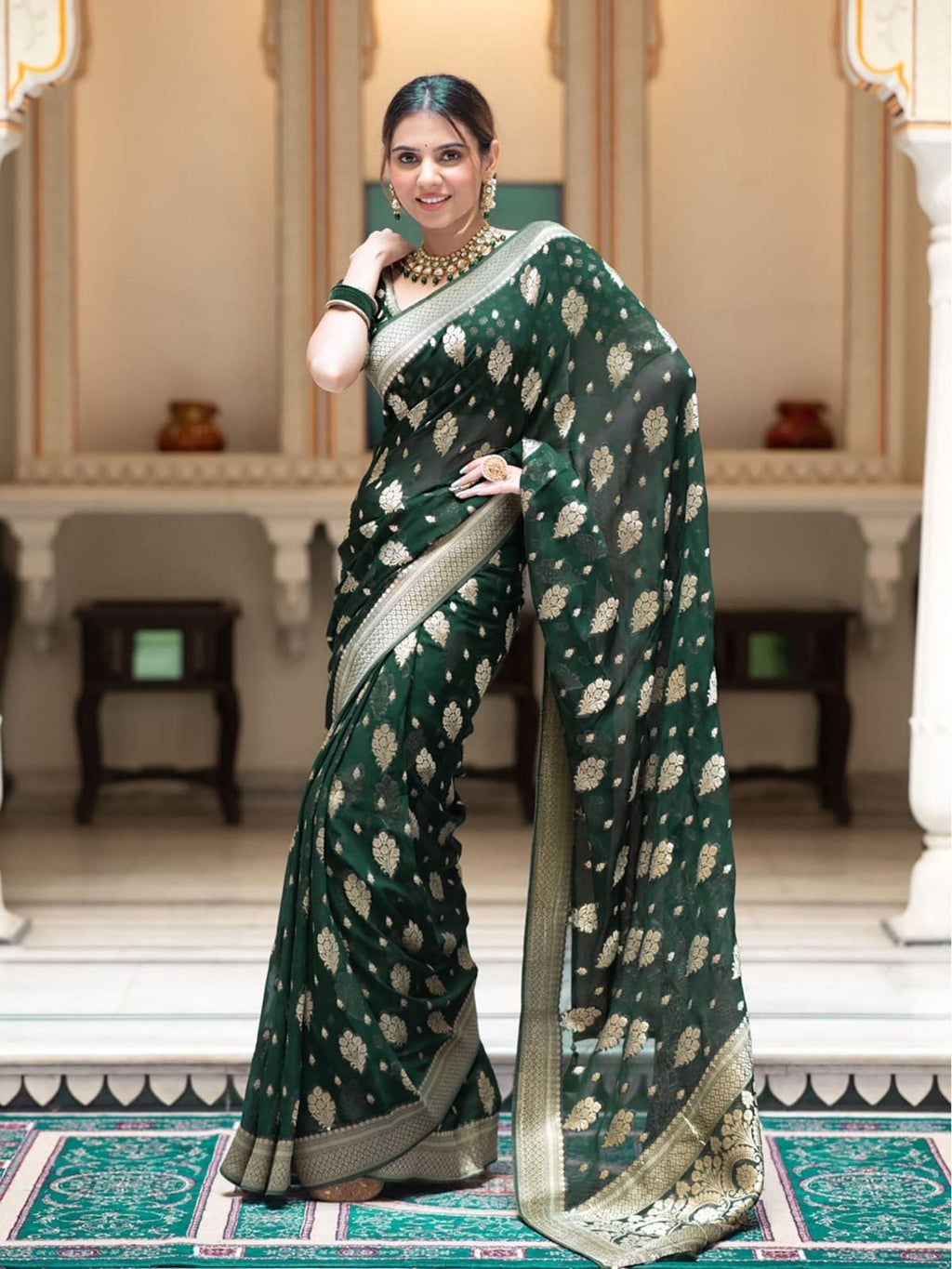 Banarasi handloom khadi georgette soft and falling saree all over beautiful water zari weaving work Any color possible ready to wear blouse