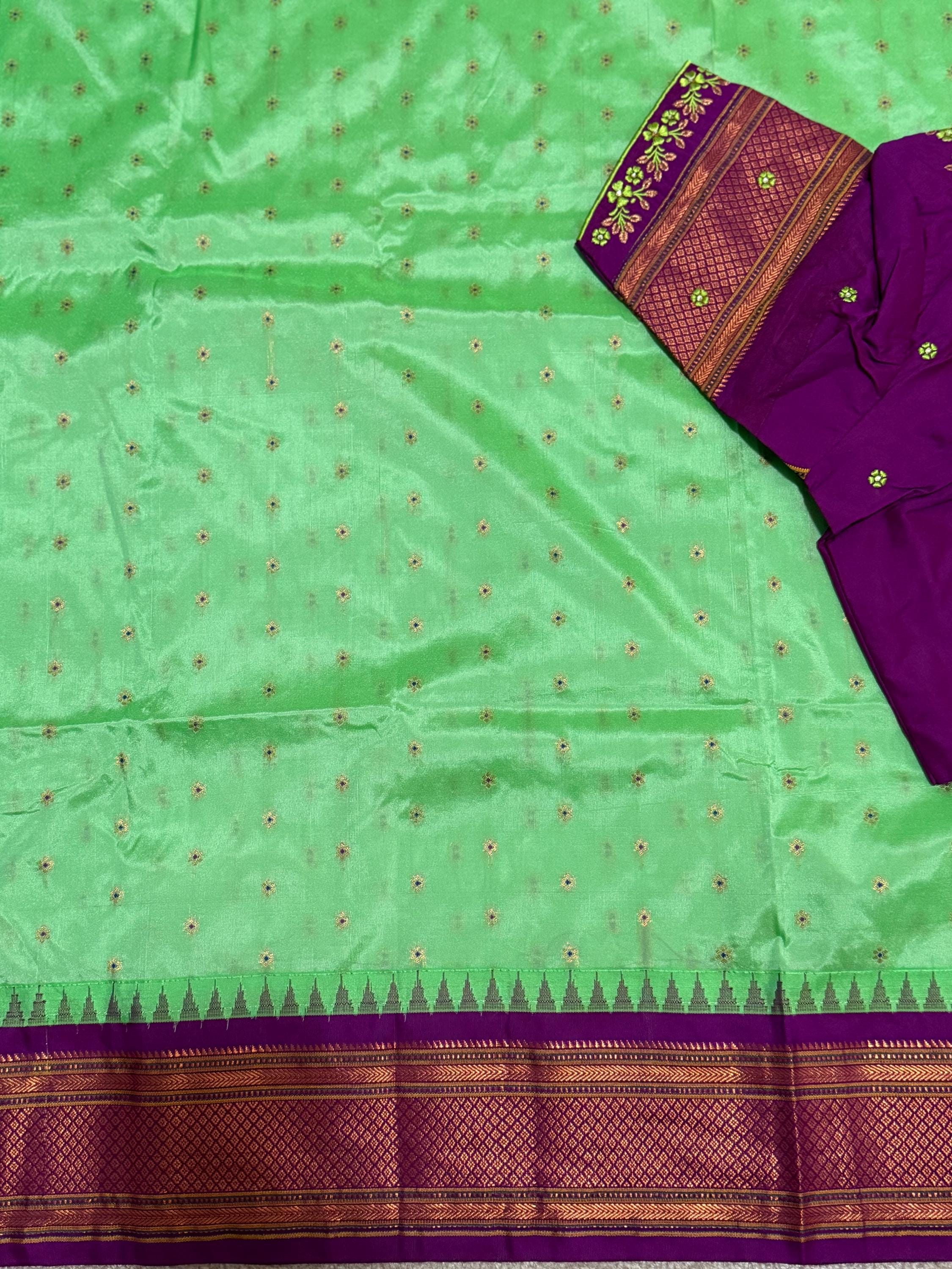 Gadwal Handloom pure silk sarees in rare colors and ready to wear blouse with embroidered blouse fits up to 32 -46 saree is ready fall pico