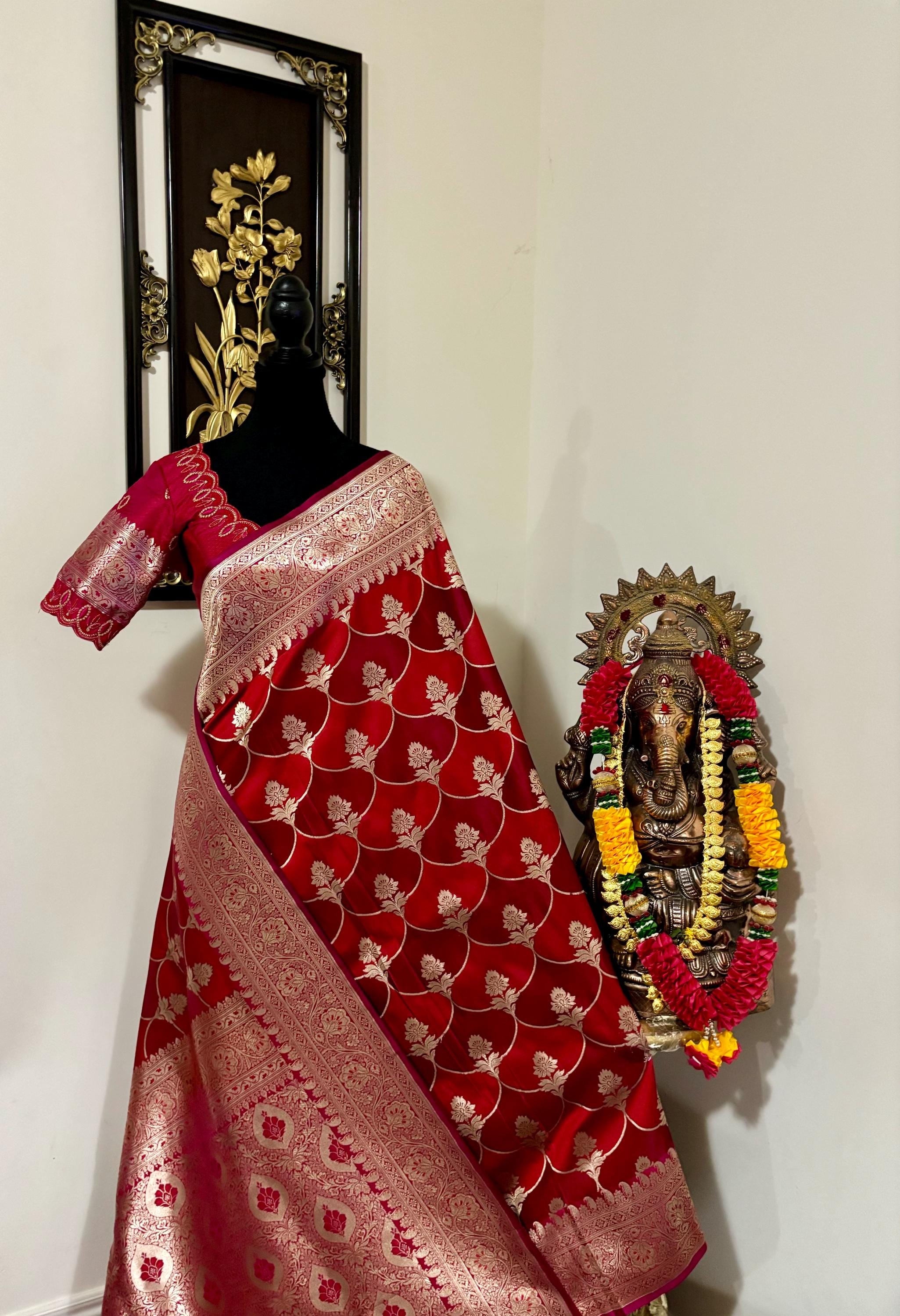 Pure silk  banarasi silk saree paired up with beautiful embroidery blouse fits to 32 to 46 in beautiful rare colors all over jaal. Cocktails