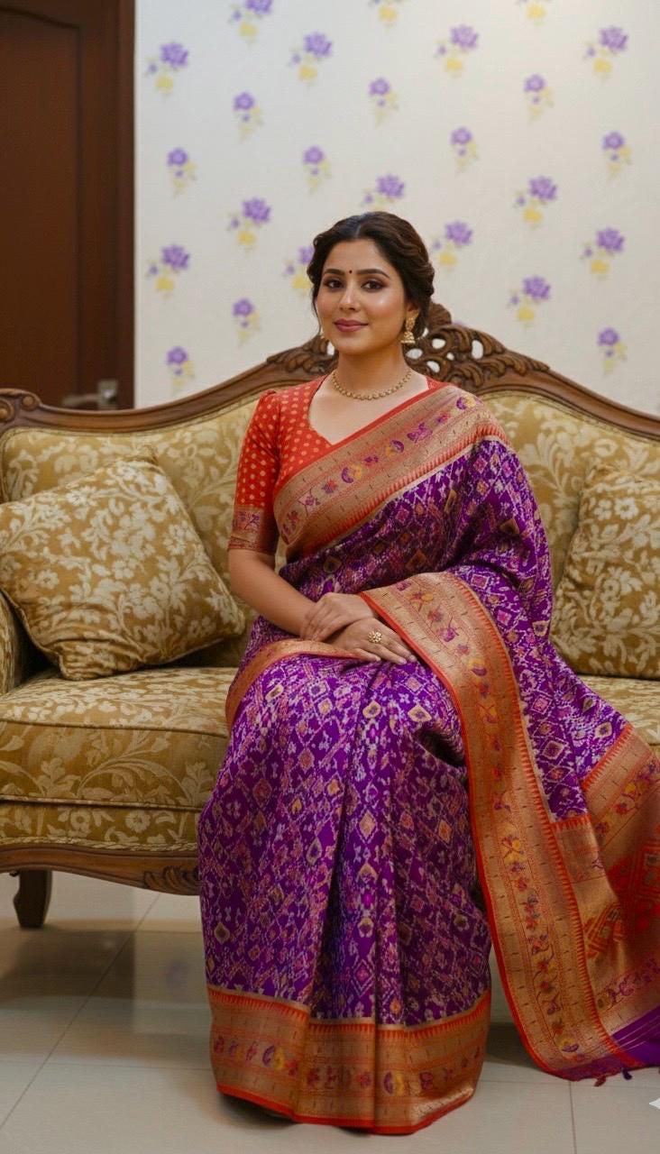 Beautiful patola paithani saree paired up with pretty banaras weaving blouse