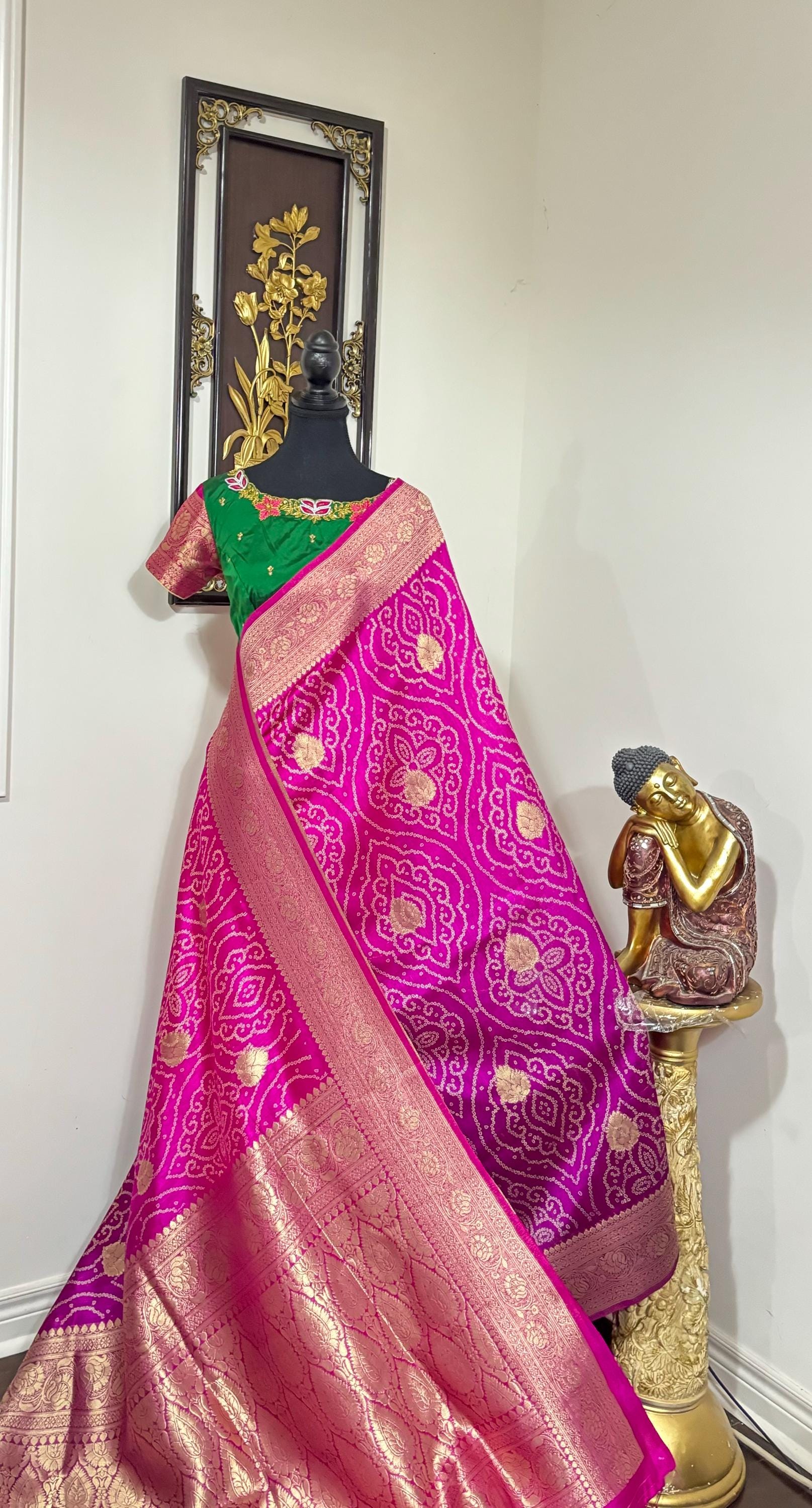 Beautiful cocktail dual shade banarasi  bandhini silk saree paired up pretty maggam blouse fits  sizes 32 -46 ready to wear prettiest blouse