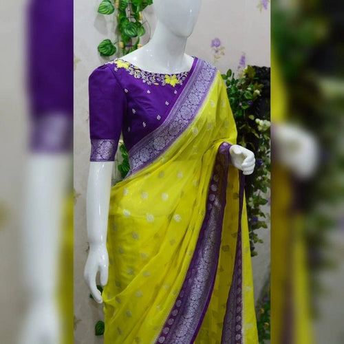 Beautiful banarasi saree paired up with pretty maggam work blouse.