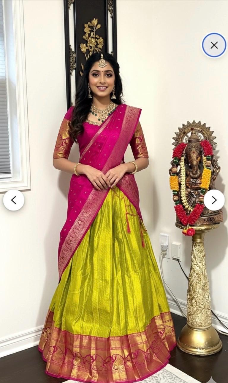 Beautiful colors Kanchi pattu Lihanga with beautiful Kanchi boarder is made of Handloom cloths ready with ready to wear blouse sizes 32 - 48