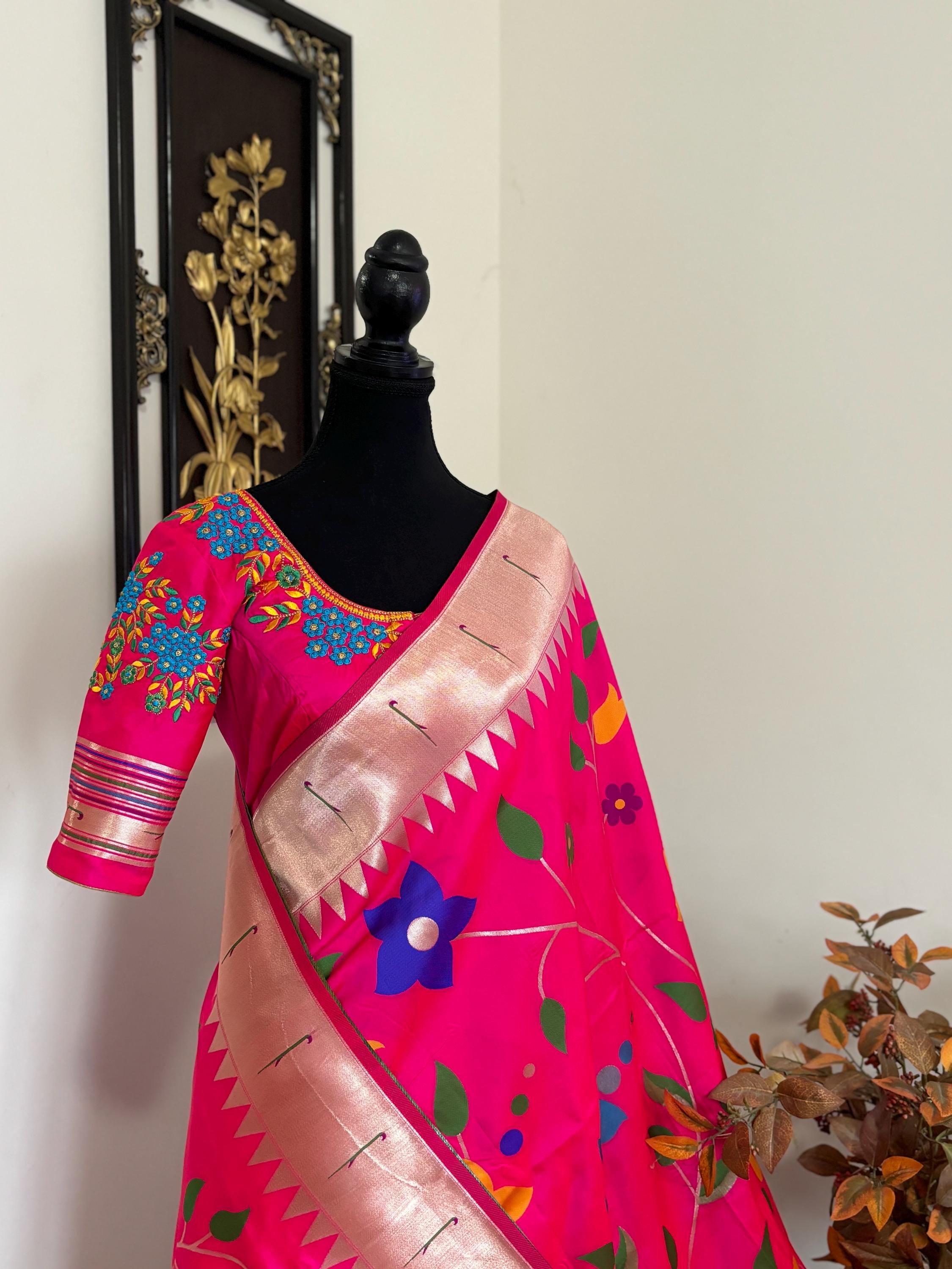 Beautiful pythani pure silk saree with all over floral design  ready to wear Maggam work blouse fit up to 32 to 46